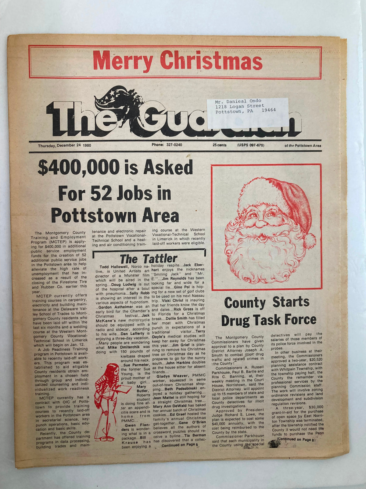 The Guardian Newspaper dated December 24, 1980, featuring the headline 'County Starts Drug Task Force' alongside a Christmas theme. This vintage publication highlights key societal issues of the early 1980s.