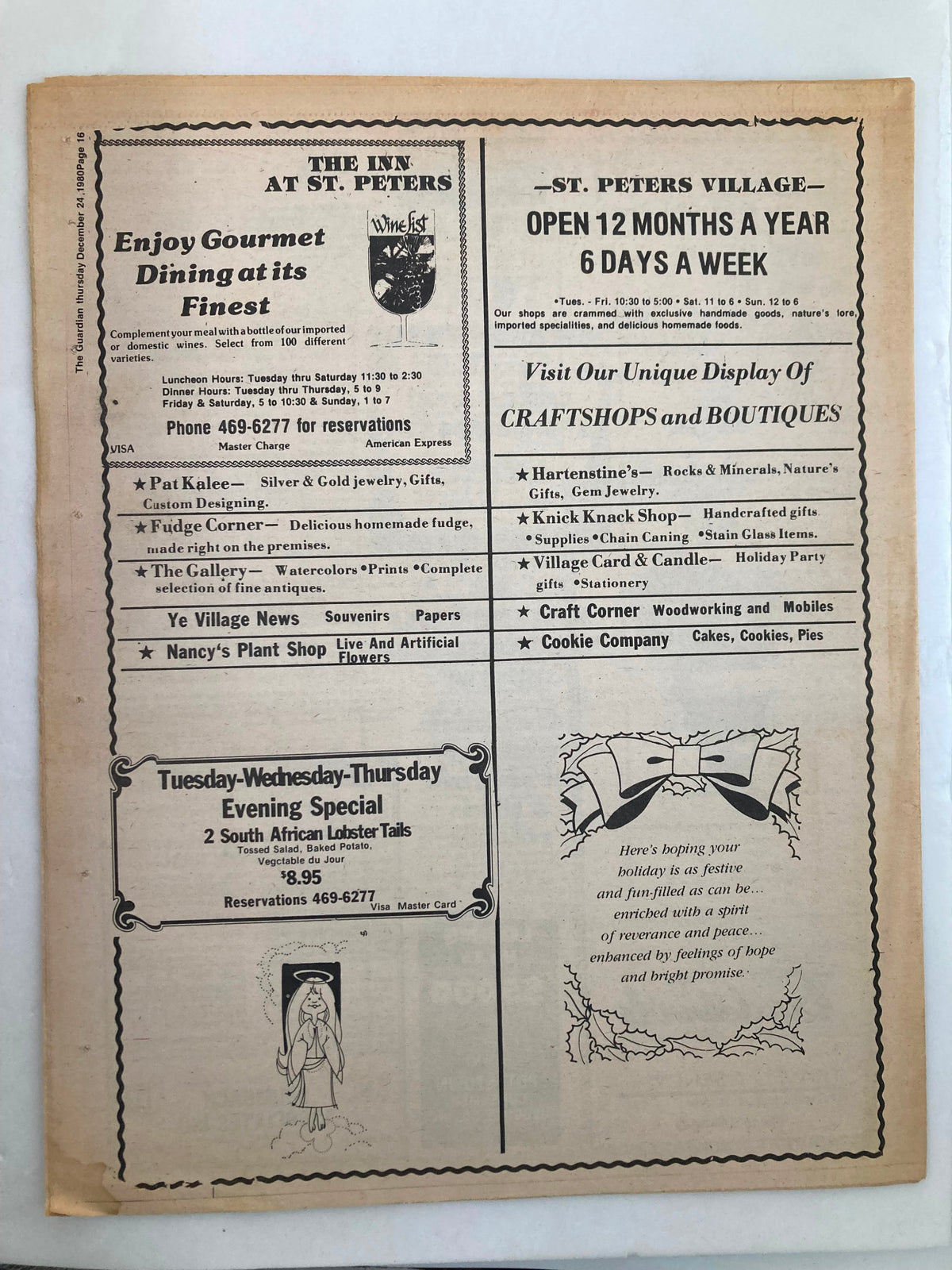 The back page of The Guardian Newspaper from December 24, 1980, displaying advertisements for local businesses and holiday promotions, encapsulating the economic landscape of the time.
