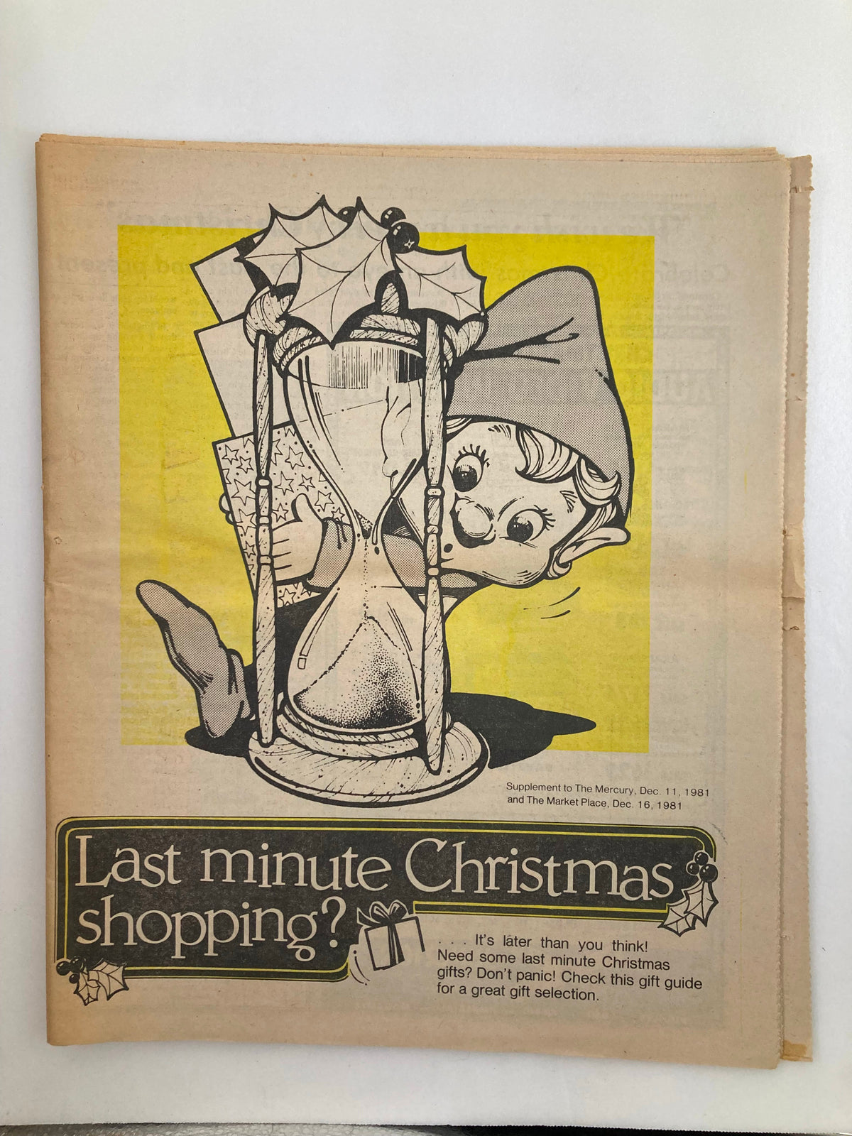 Cover of the 1981 Last Minute Christmas Shopping Guide Supplement featuring an elf and an hourglass, highlighting the urgency of holiday shopping.