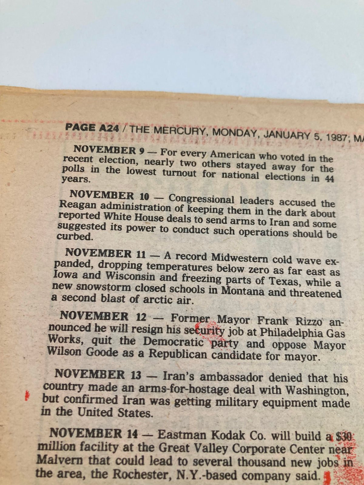 Detailed view of The Mercury Supplementary Tabloid from January 5, 1987, focusing on historical notes and events from November 1986, encapsulated in the title 'Chronology '86'.