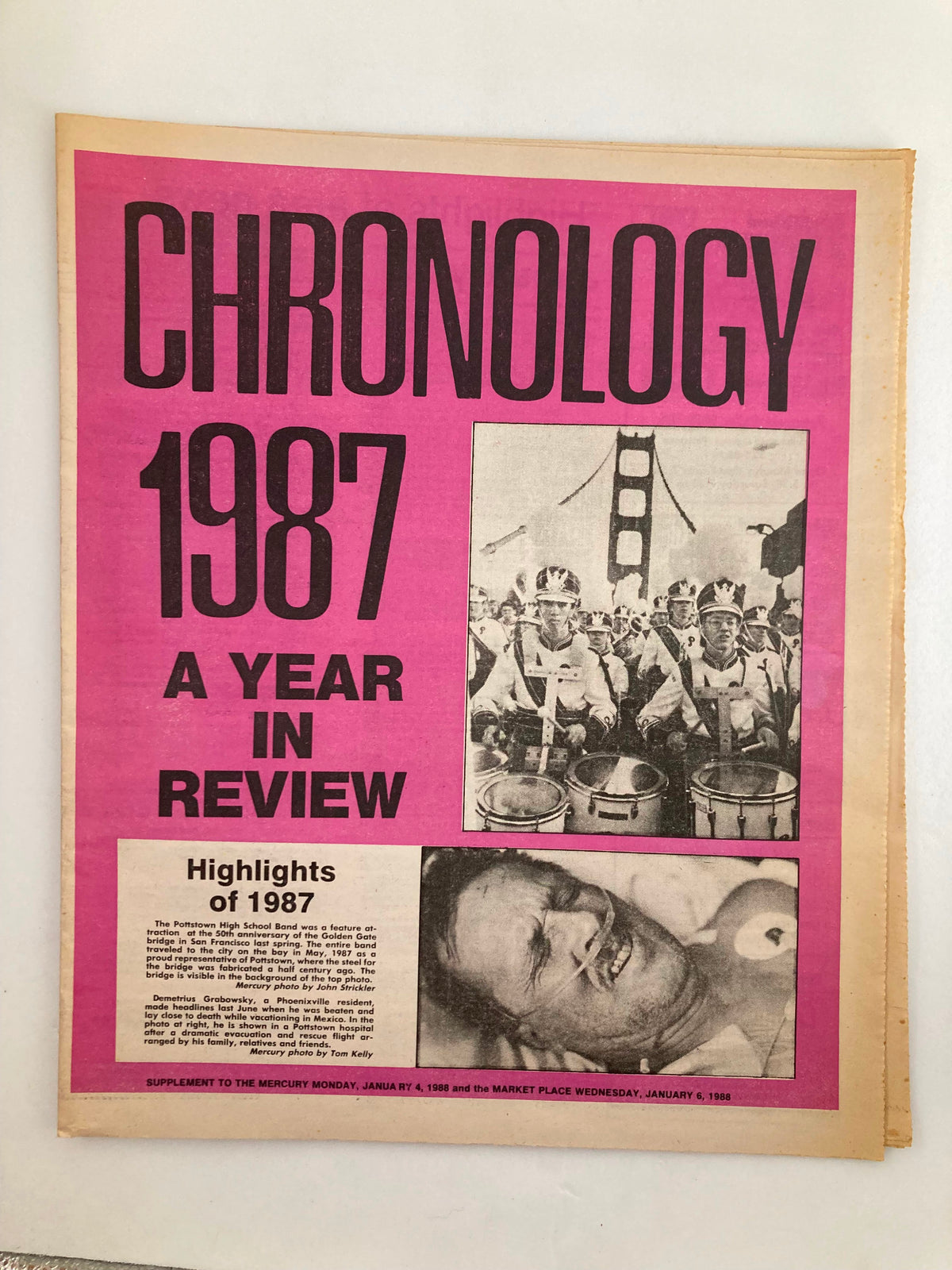 The Mercury Supplementary Tabloid January 4 1988 Chronology '87 A Year in Review, featuring highlights and images from 1987, marked by a vibrant pink background and historic photographs.