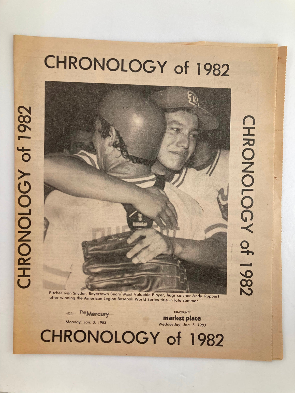 The Mercury Supplementary Tabloid January 3 1983 featuring Ivan Snyder embracing Andy Ruppert, celebrating their achievements in sports.