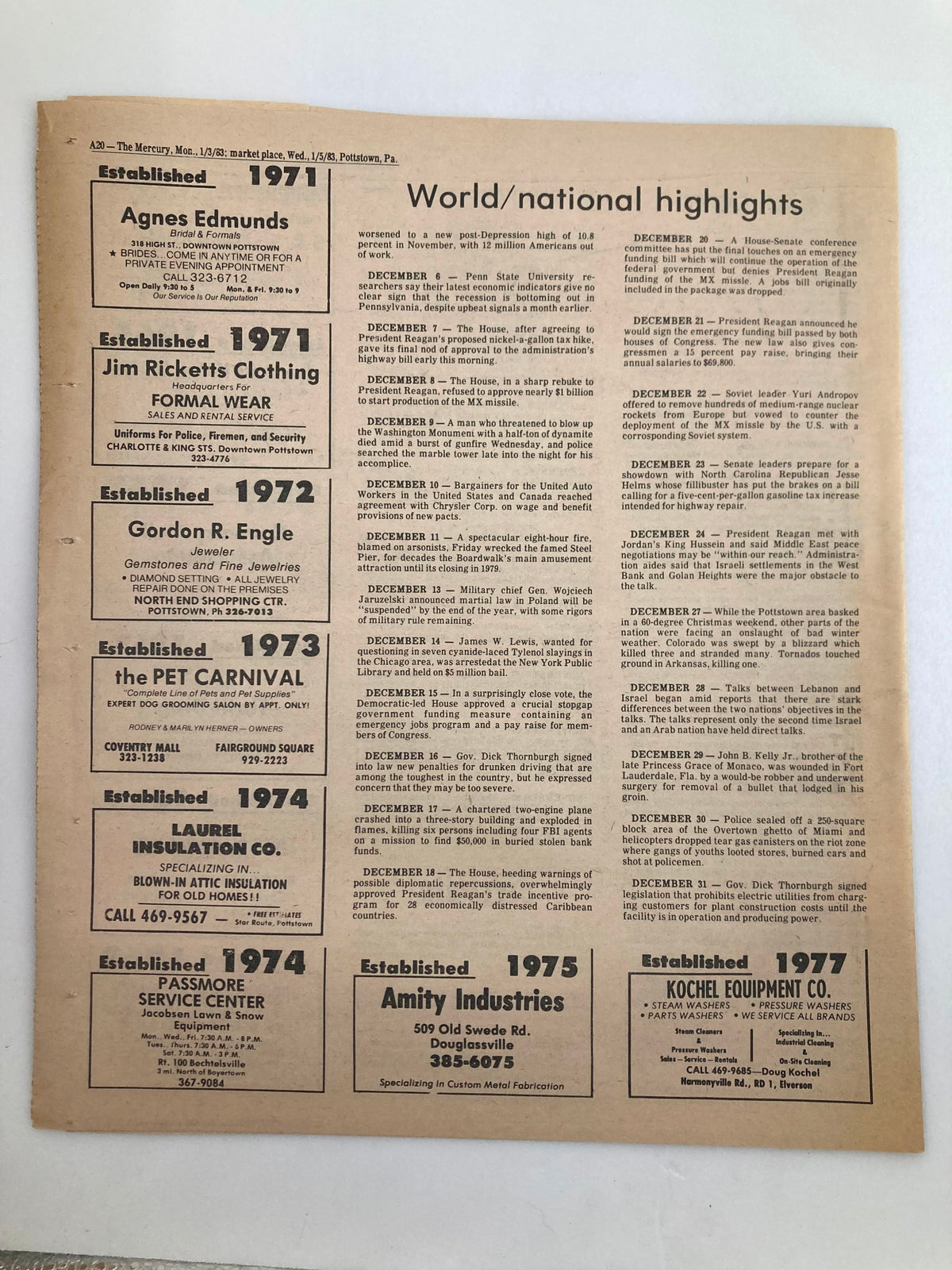 The Mercury Supplementary Tabloid January 3 1983, showcasing World and national highlights, with a list of establishments from the 1970s.