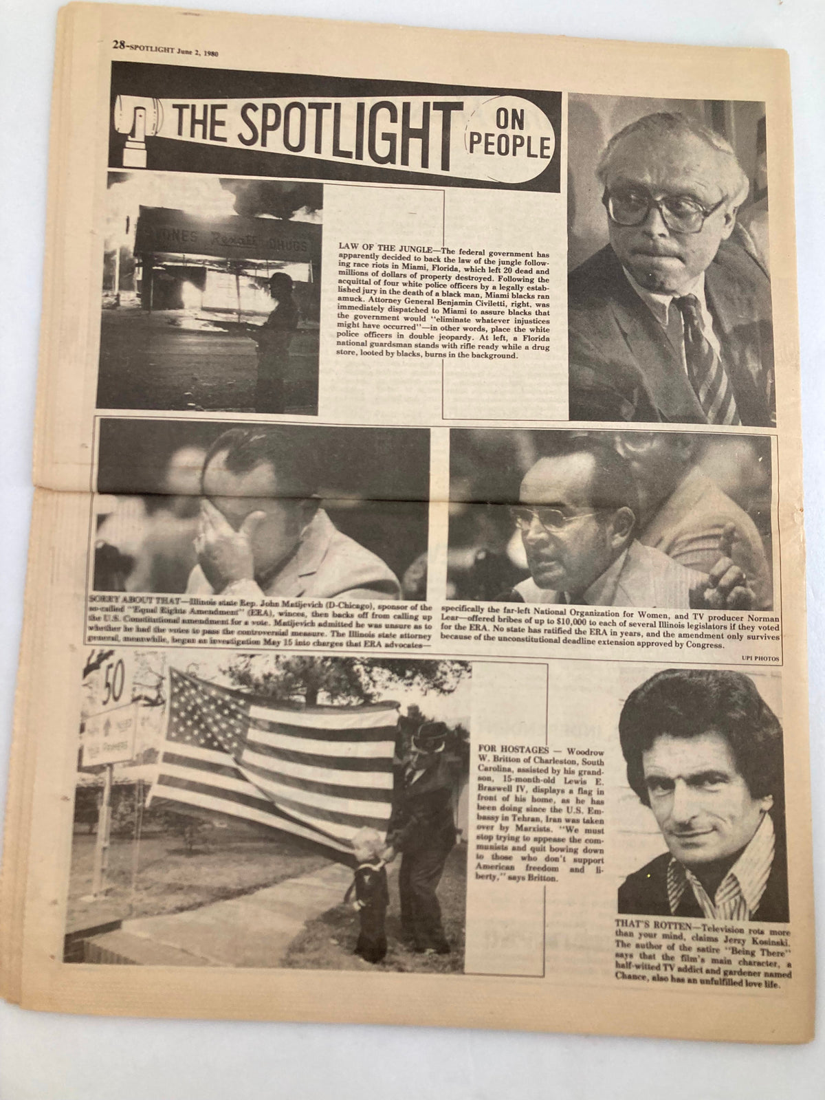 The Spotlight Newspaper June 2 1980 Vol 6 #22 featuring various news articles, including political commentary on the 1980 election and notable figures such as Pres. Candidate Eugene McCarthy. The layout showcases a blend of photography and text providing insights into the era's political landscape.