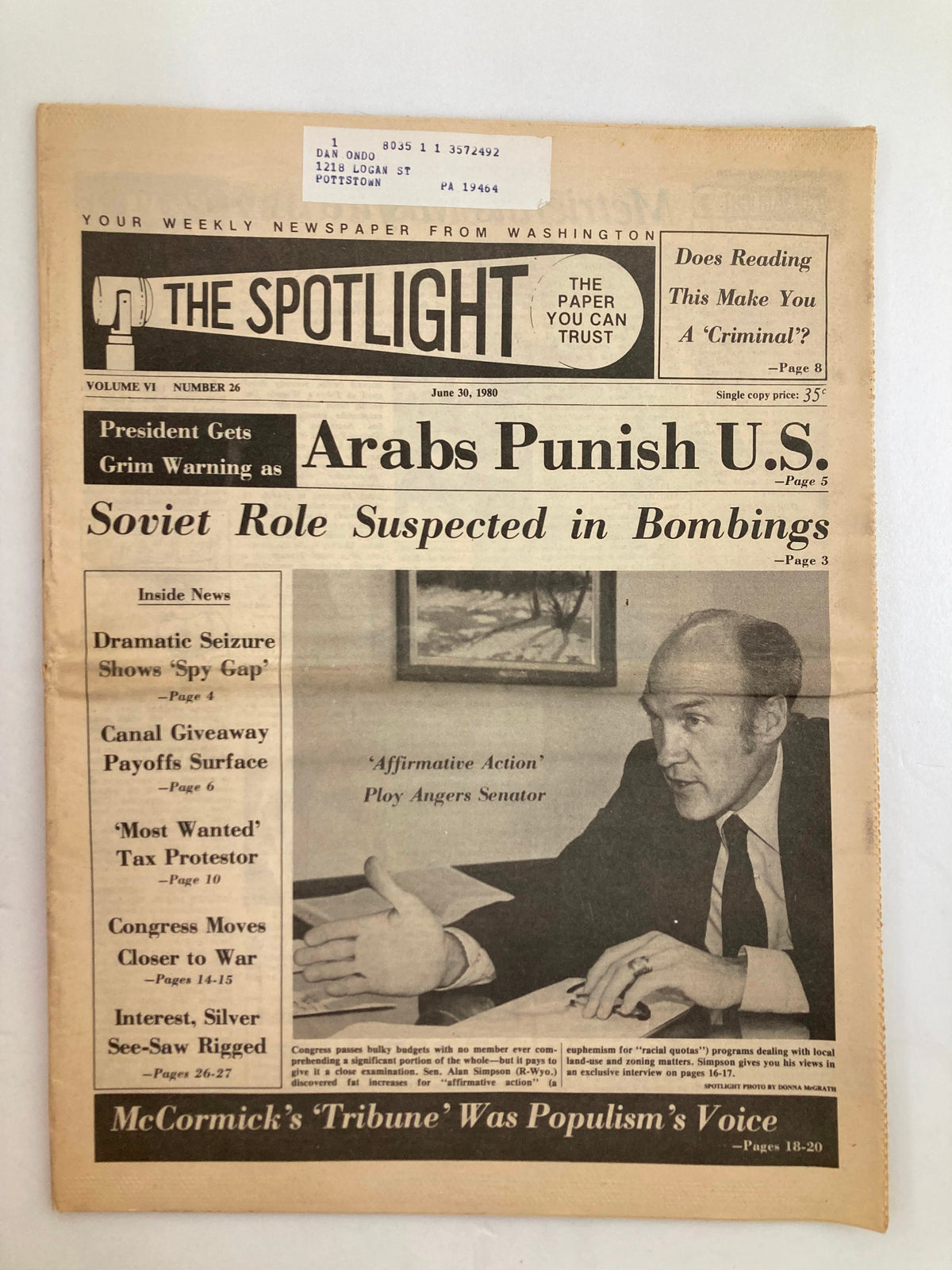 The Spotlight Newspaper June 30 1980 Vol 6 #26, featuring headlines about President warning on Arab actions and Soviet involvement in bombings, with an image of a man speaking.