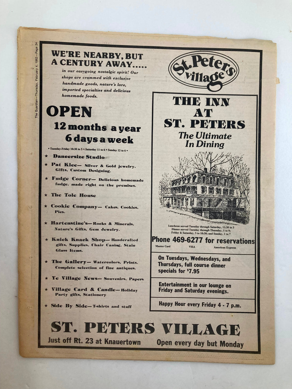 Cover page of The Guardian Newspaper from February 4, 1982, featuring a State Capitol Roundup and The Beyond Within article, with advertisements for St. Peters Village Inn and local services.