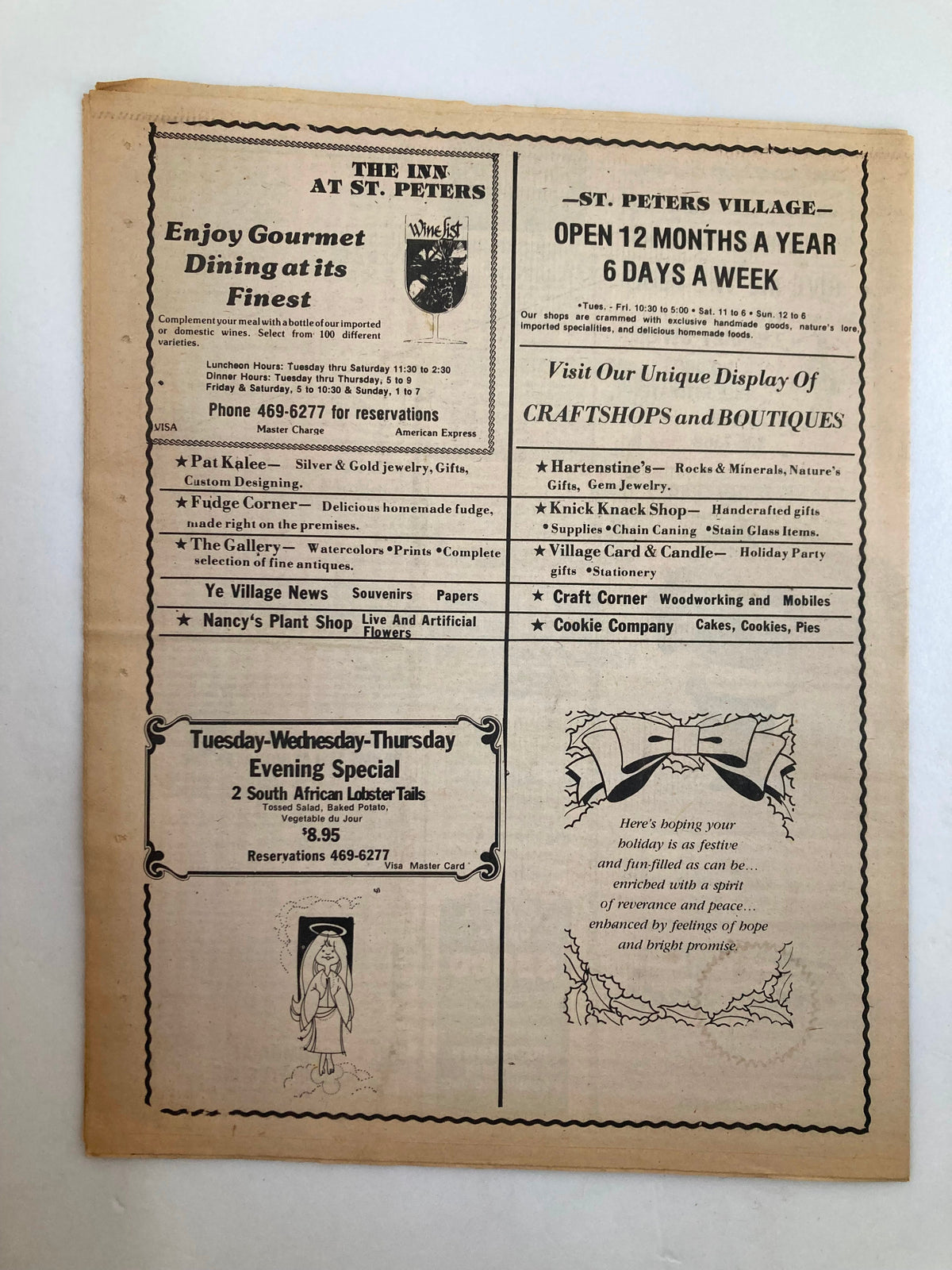 Back page of The Guardian Newspaper dated December 31, 1980, promoting local dining and shopping options at St. Peters, highlighting 'The Inn at St. Peters' and other businesses.