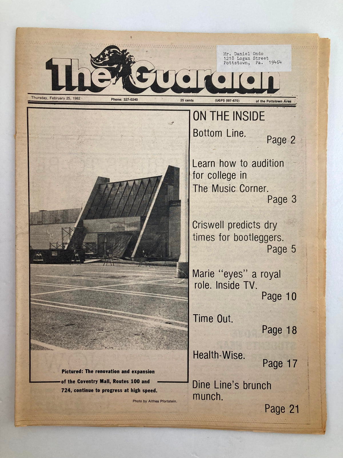 The Guardian Newspaper from February 25, 1982, featuring a cover on the renovation and expansion of Coventry Mall, including headlines and advertisements.