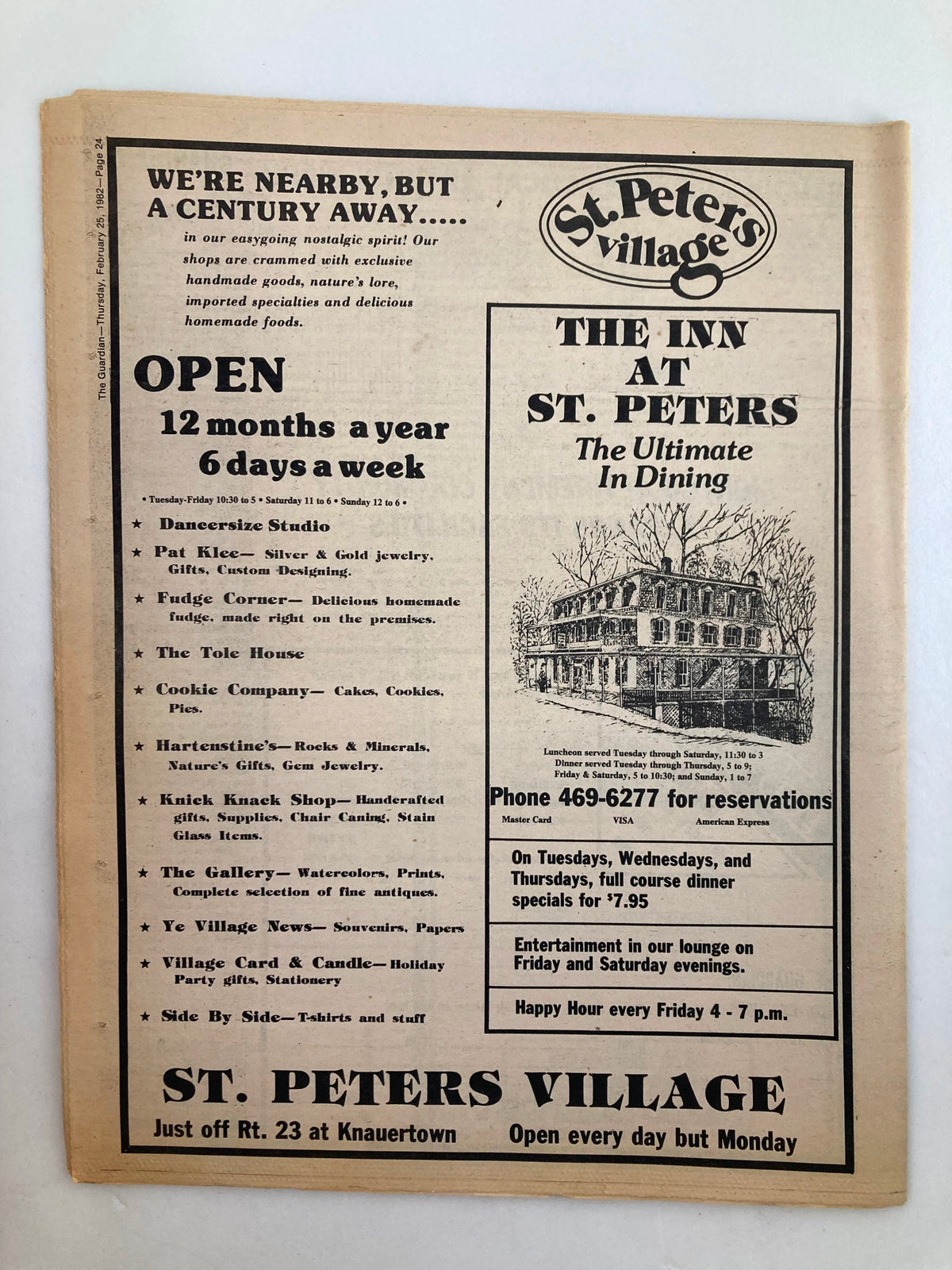 An advertisement page from The Inn at St. Peters in St. Peters Village, showcasing dining options and promotions, featured in The Guardian Newspaper from February 25, 1982.