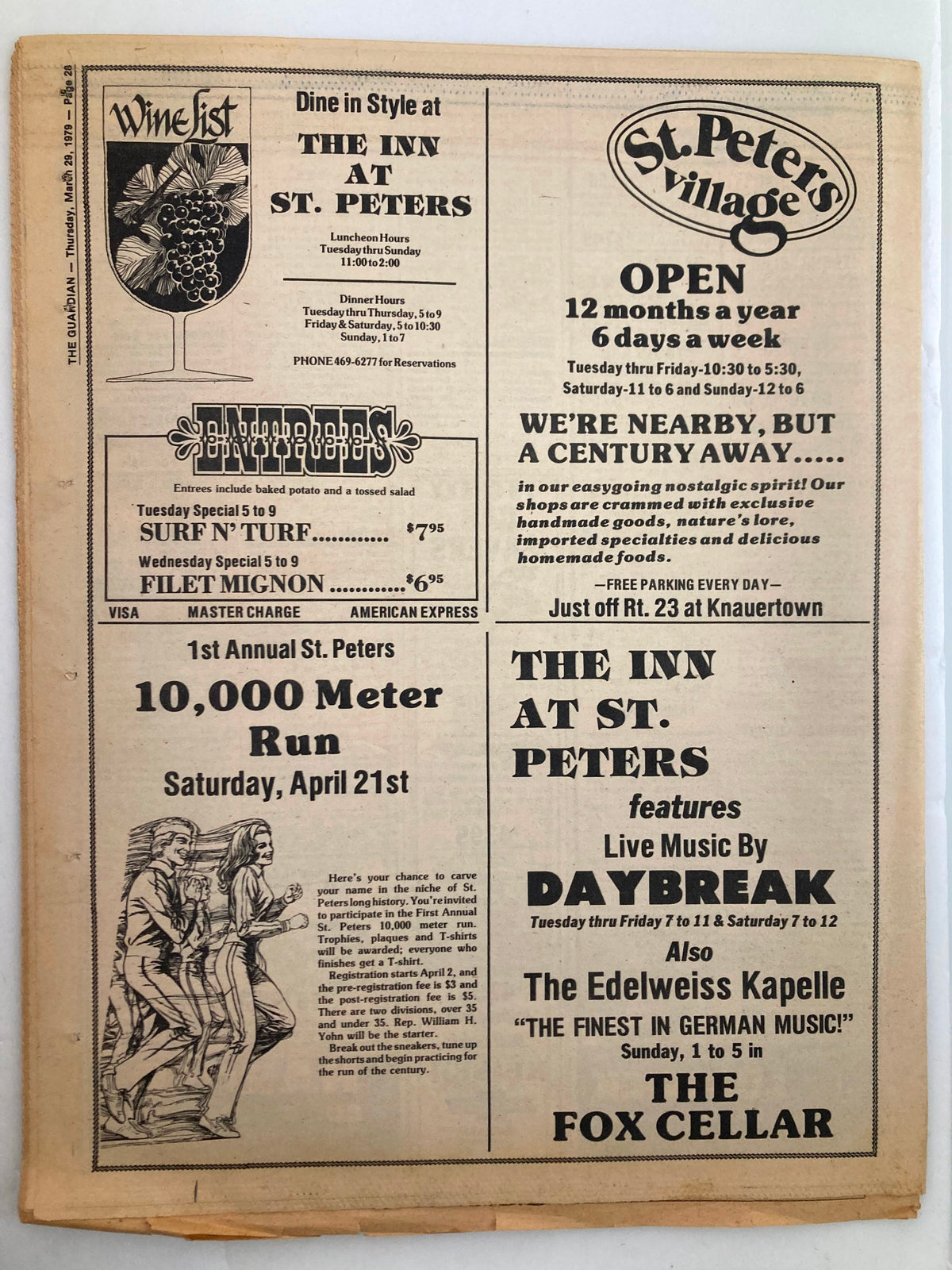 The Guardian Newspaper from March 29, 1979, Volume 4 #35 featuring the headline 'Puppets Can Be Miracle Workers'. The newspaper is in good condition with minor wear and includes a plastic protective covering. It showcases local advertisements, including one for St. Peter's Village.