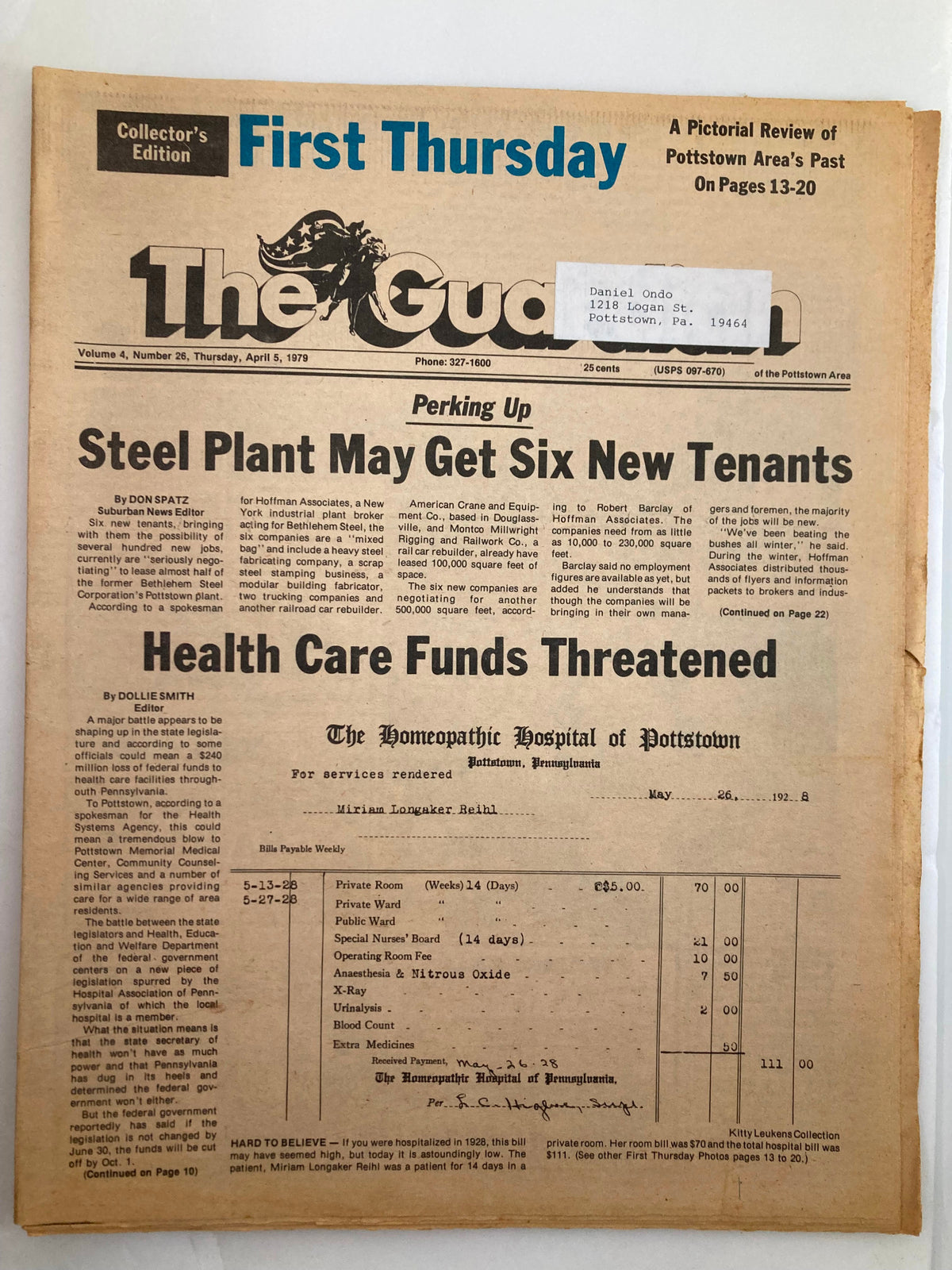 The Guardian Newspaper April 5 1979 Vol 4 #26 featuring the headline 'Health Care Funds Threatened' and page layout with articles and advertisements.