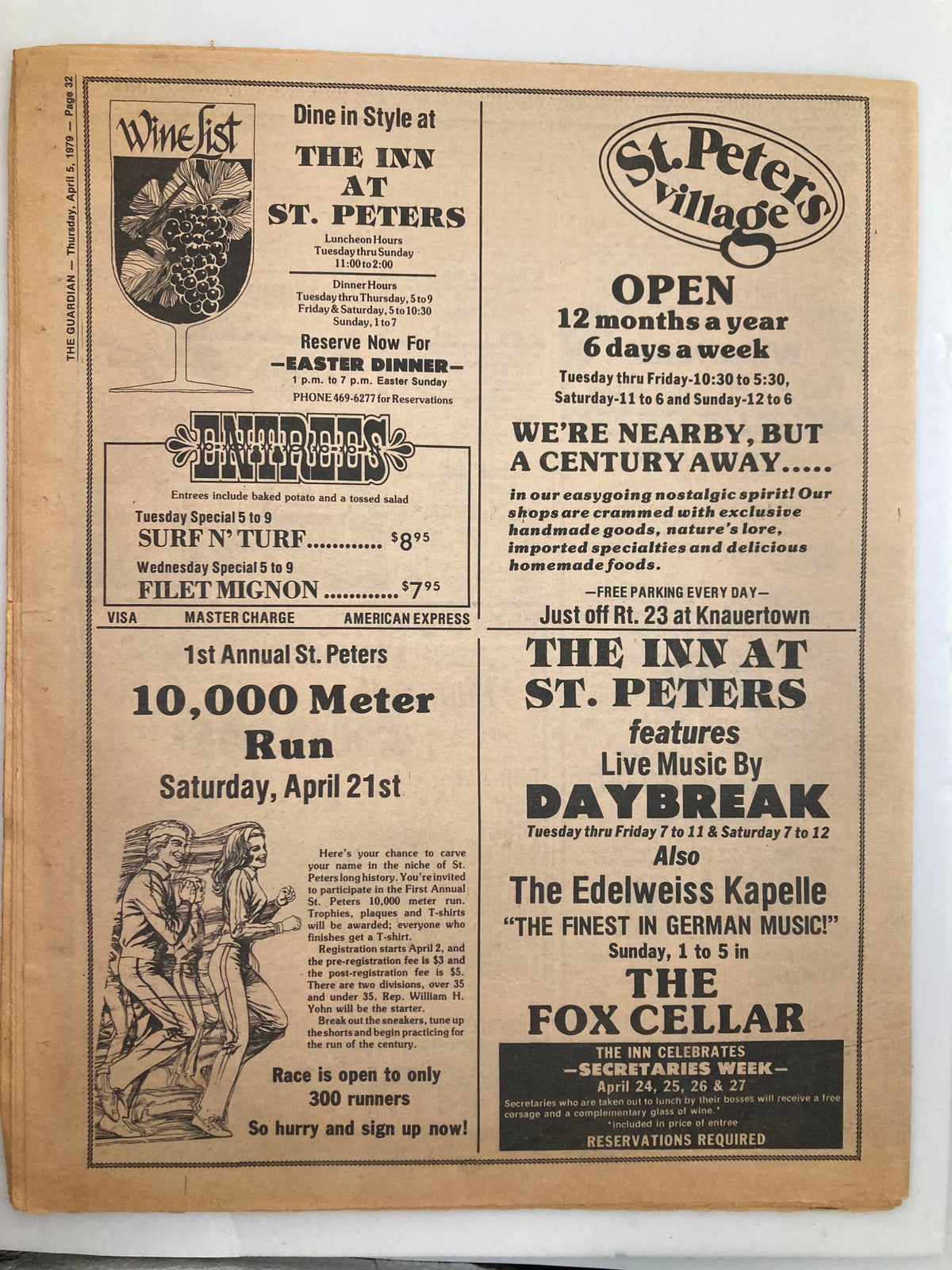 The Guardian Newspaper April 5 1979 Vol 4 #26 back page showcasing advertisements for local businesses including St. Peter's Village and dining options.