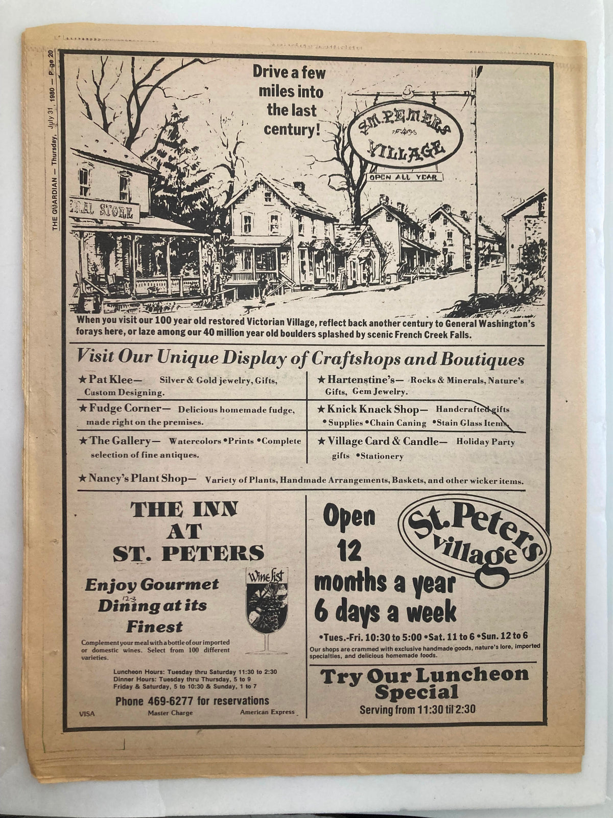 The Guardian Newspaper dated July 31, 1980, displaying an advertisement for St. Peter's Village, encouraging visitors to explore with vintage-style illustrations.