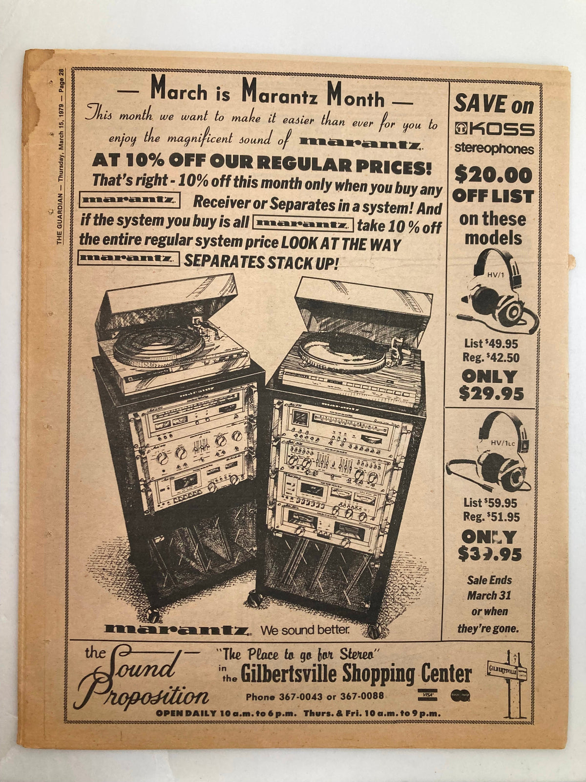 The Guardian Newspaper March 15 1979 Vol 4 #33 advertisement for Marantz audio equipment with 10% discount offer, featuring stereo systems and prices, highlighting the theme of March being Marantz Month.