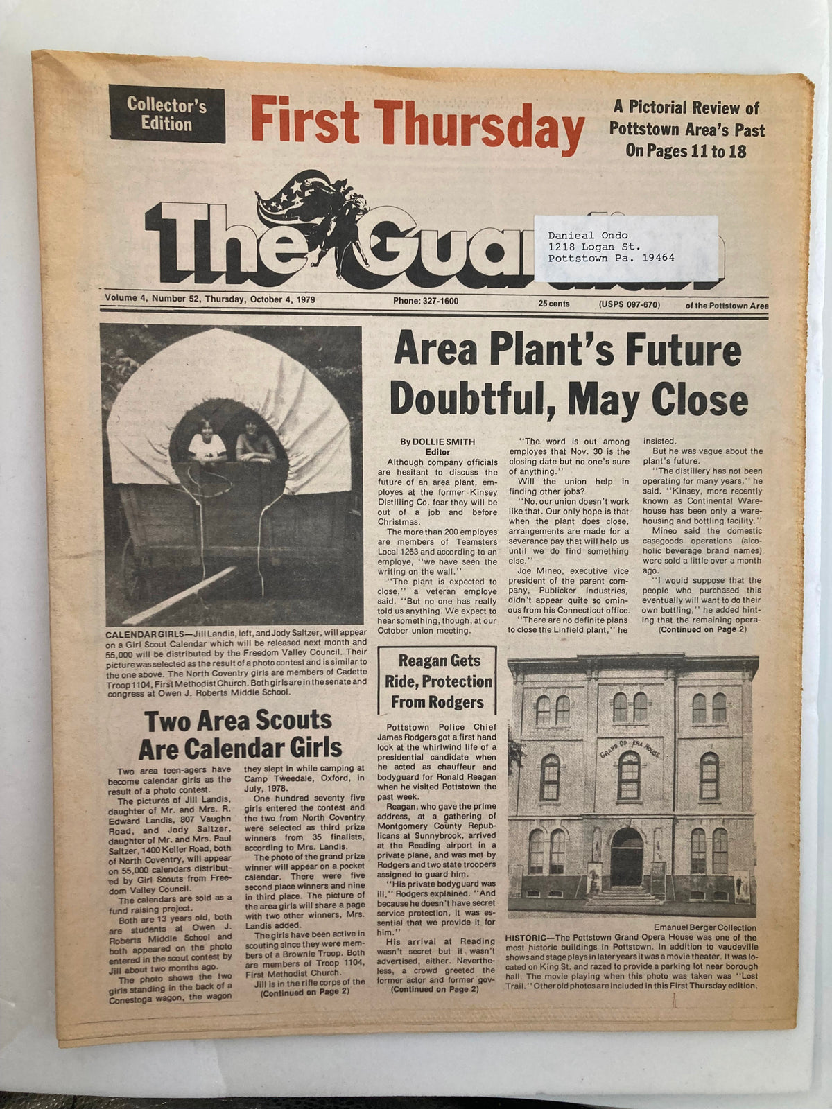 The Guardian Newspaper from October 4, 1979, featuring the headline 'Area Plant's Future Doubtful, May Close.' This vintage newspaper is in good condition, showcasing late 1970s journalism.