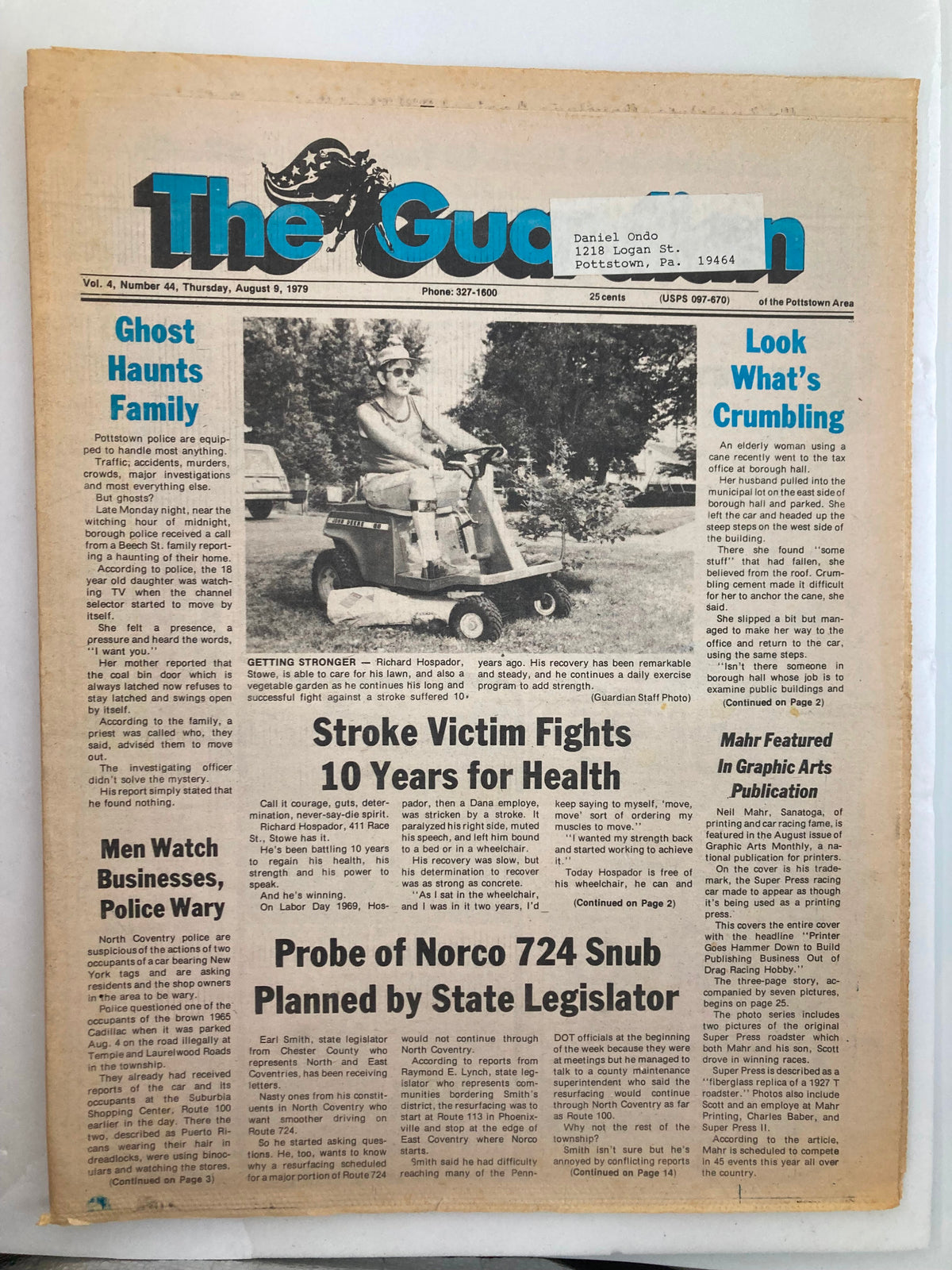 The Guardian Newspaper August 9 1979 Vol 4 #44 featuring a story about getting stronger, showcasing a photo of a woman on a mobility scooter. The newspaper includes headlines about local events and health issues.