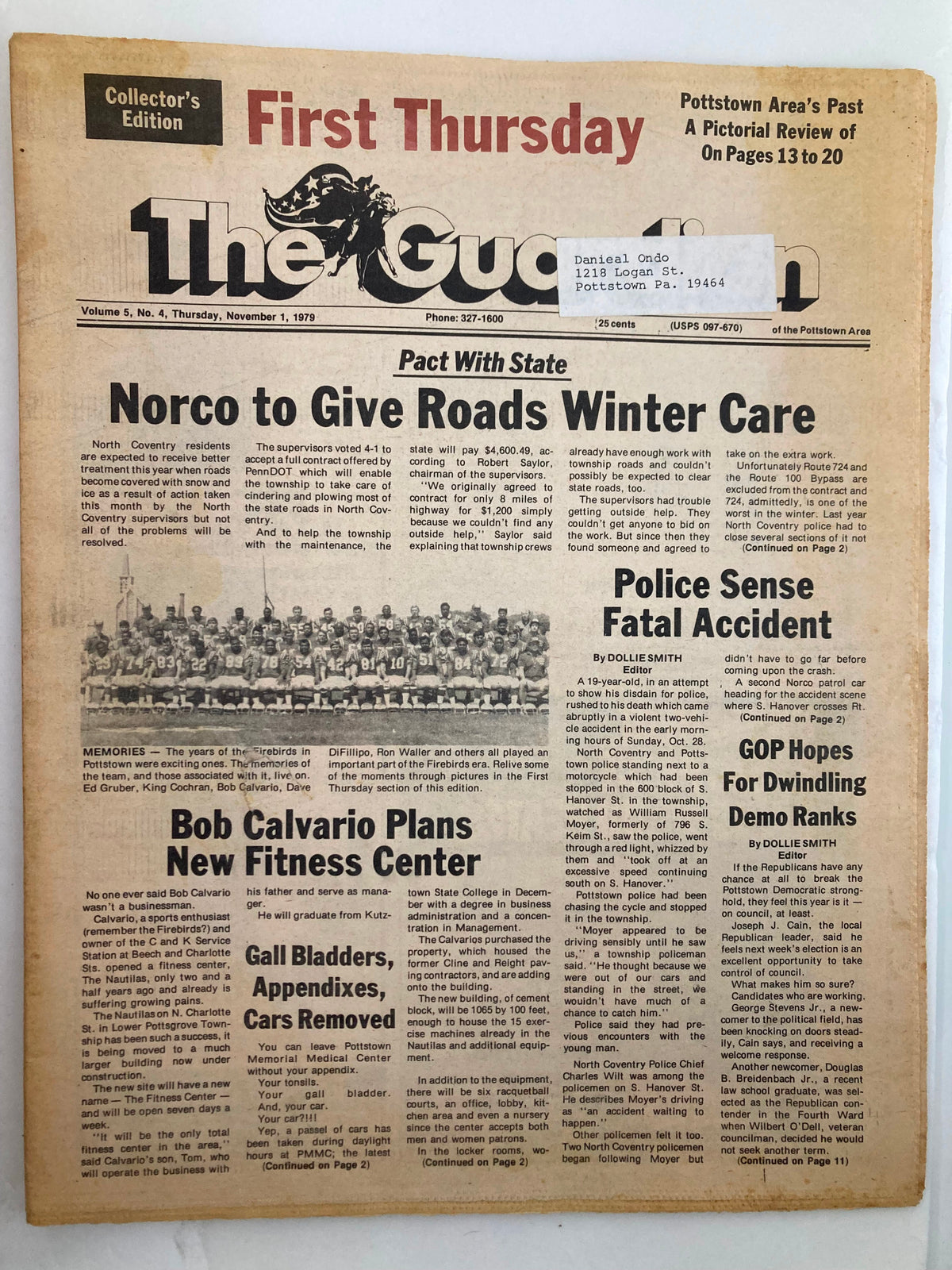 The Guardian Newspaper, November 1, 1979, Vol 5 #4, featuring the headline 'Norco to Give Roads Winter Care'. Includes articles on local news and events, good condition with minor wear.