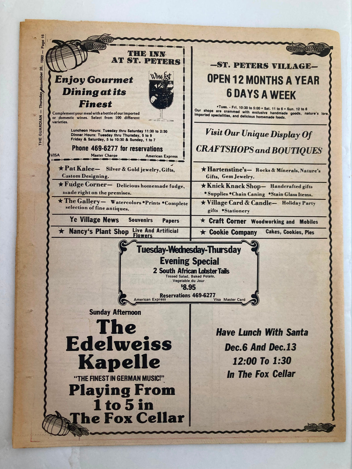Vintage newspaper page featuring an advertisement for The Guardian Newspaper dated November 26, 1980, promoting Rockwell International's move to town. The layout includes various advertisements and event details, showcasing the local businesses and cultural events of the time.