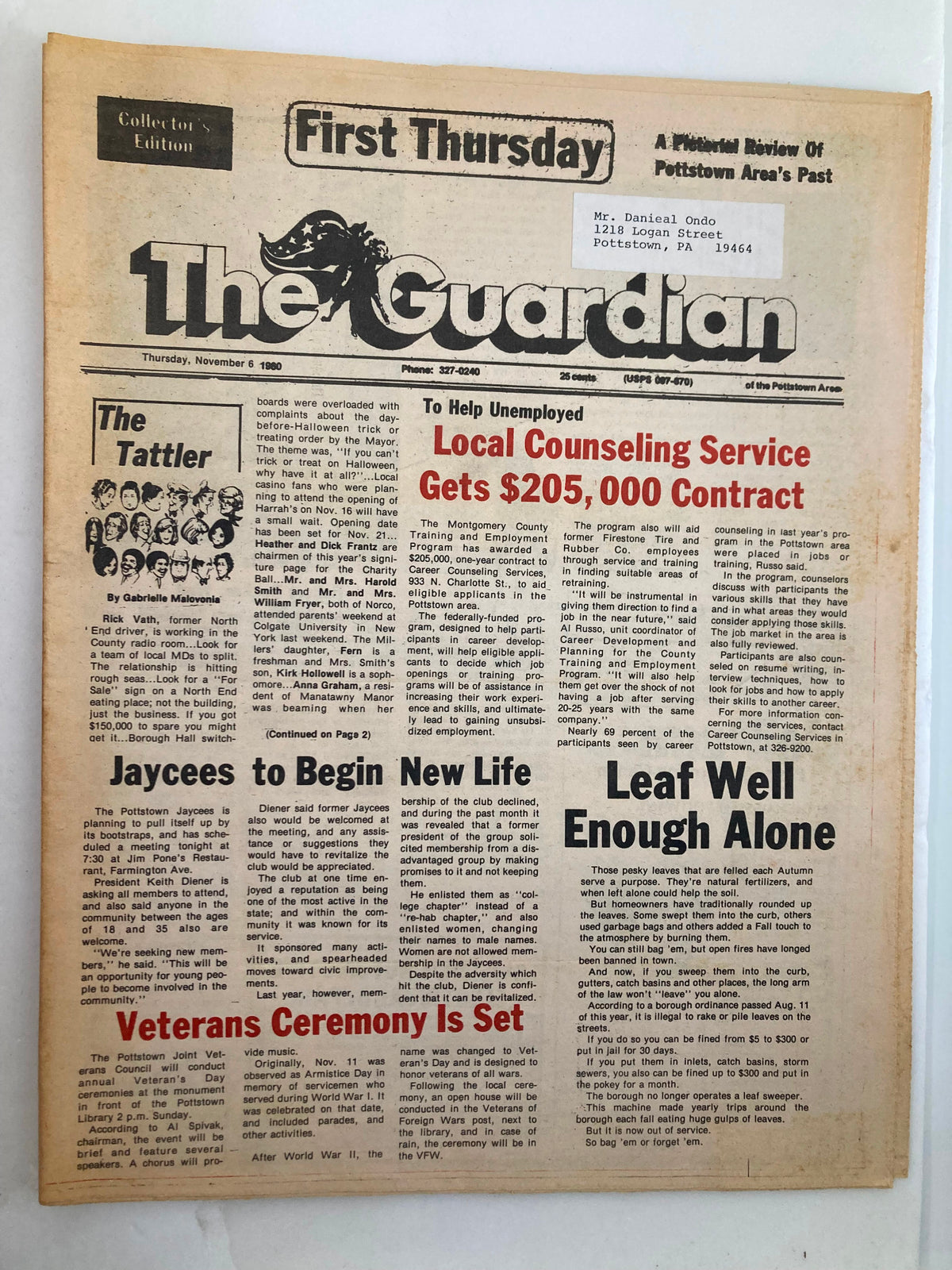 The Guardian Newspaper from November 6, 1980, featuring articles on Pottstown Jaycees beginning a new life, local counseling service contract, and details on community events. The newspaper is in good condition with minor wear and a label on the front.