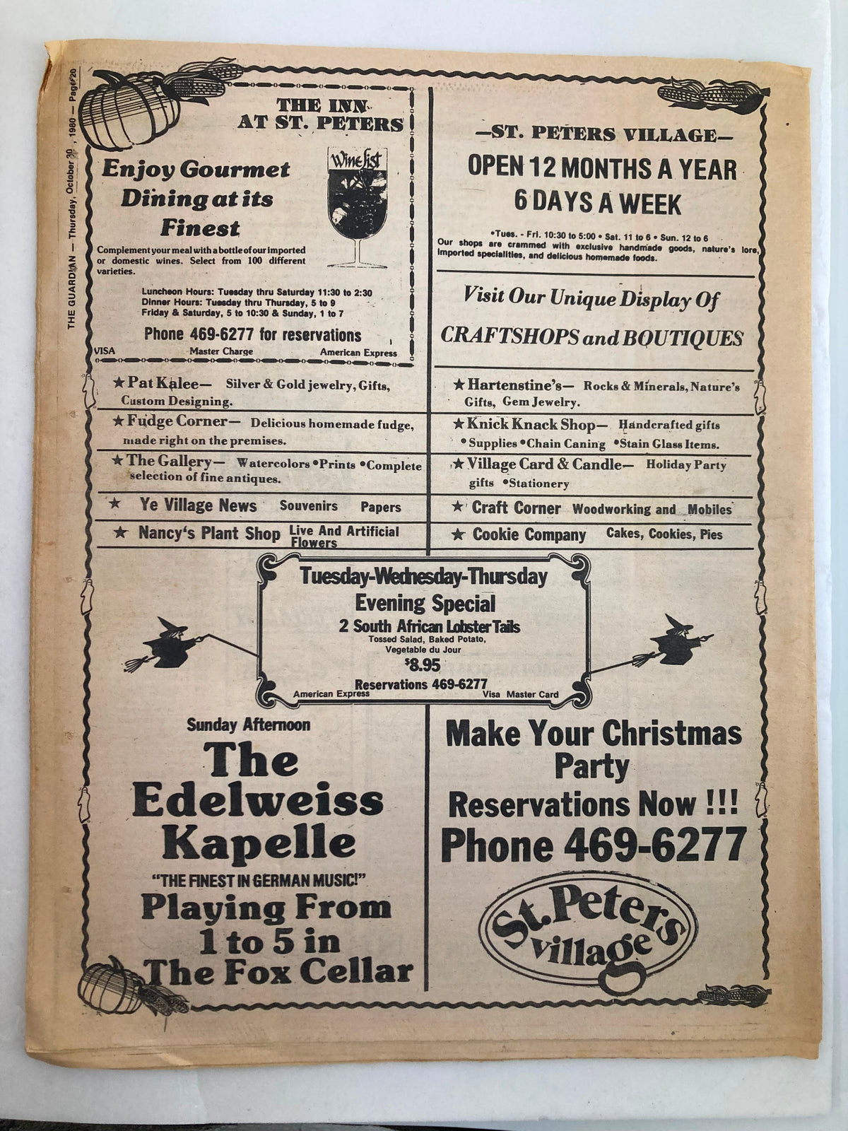 Back page of The Guardian newspaper from October 30, 1980, containing advertisements, including one for the Edelweiss Kapelle and local businesses in St. Peter's Village.