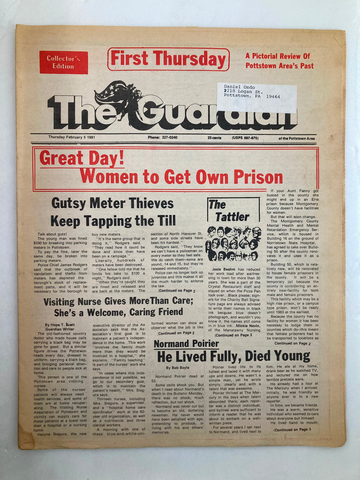 The Guardian Newspaper dated February 5, 1981, featuring the headline 'Gutsy Meter Thieves Keep Tapping the Till'. This vintage newspaper showcases urban crime stories from the early 1980s, highlighting the societal issues of that era.