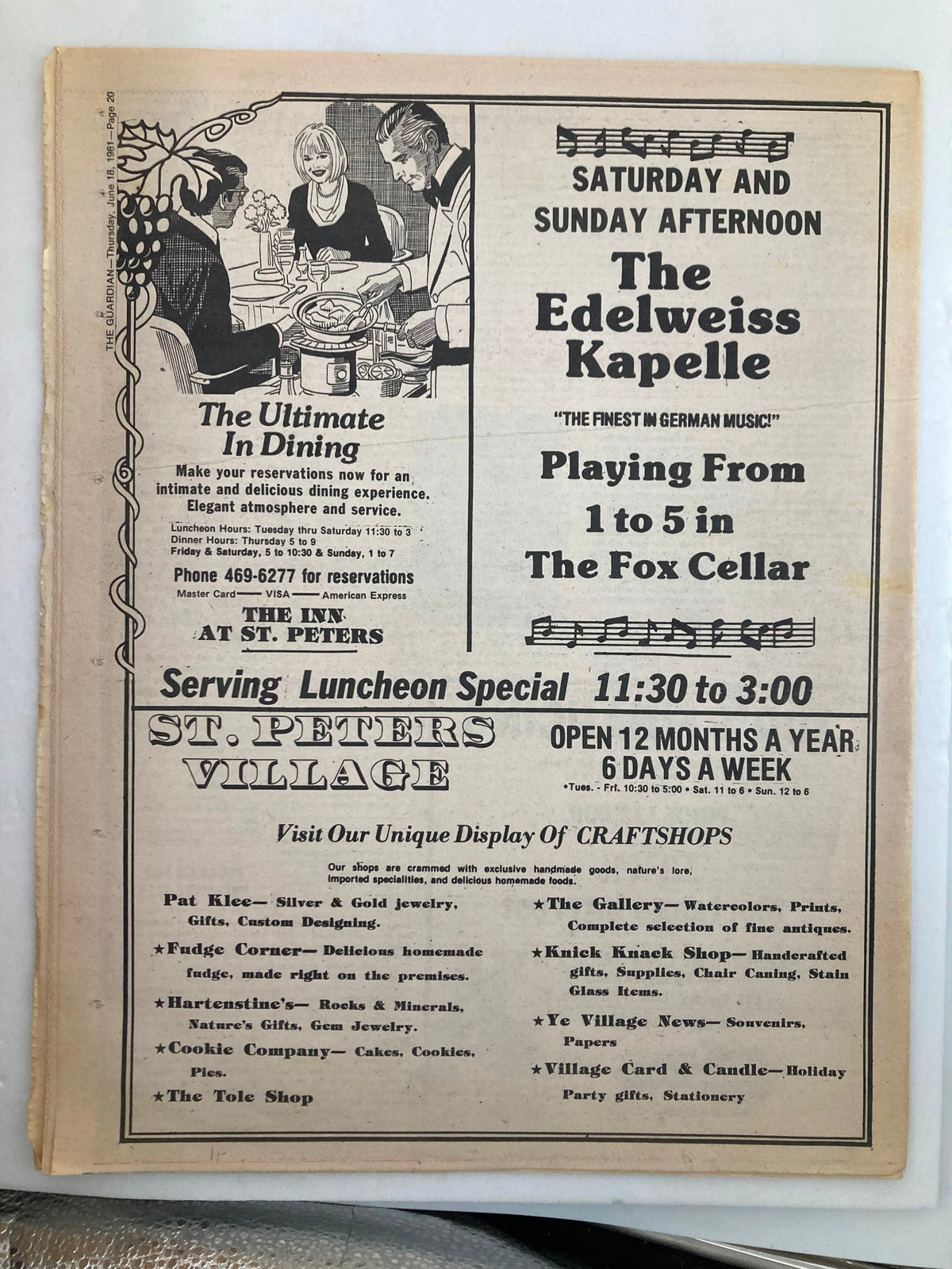 Back page of The Guardian Newspaper from June 18, 1981, advertising 'The Edelweiss Kapelle' event and a special lunch at St. Peters Village.
