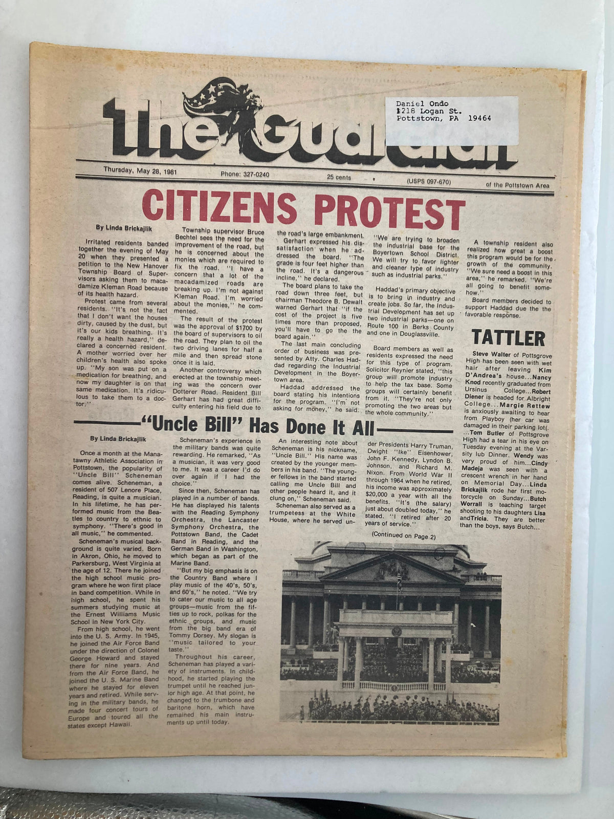 The Guardian Newspaper May 28 1981 cover featuring 'Citizens Protest' headline and article about Uncle Bill. Shows newspaper in good condition, with a label on the front and minor wear.