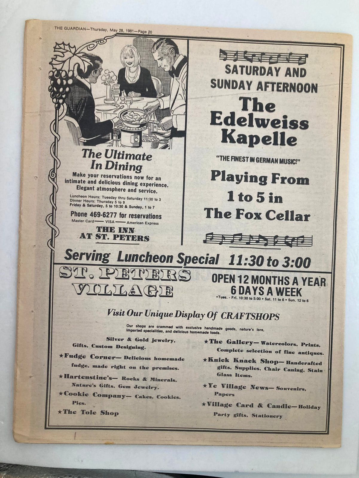 The Guardian Newspaper May 28 1981 advertisement for 'The Edelweiss Kapelle' performance in the Fox Cellar. Includes dining options and details about the St. Peters Village.