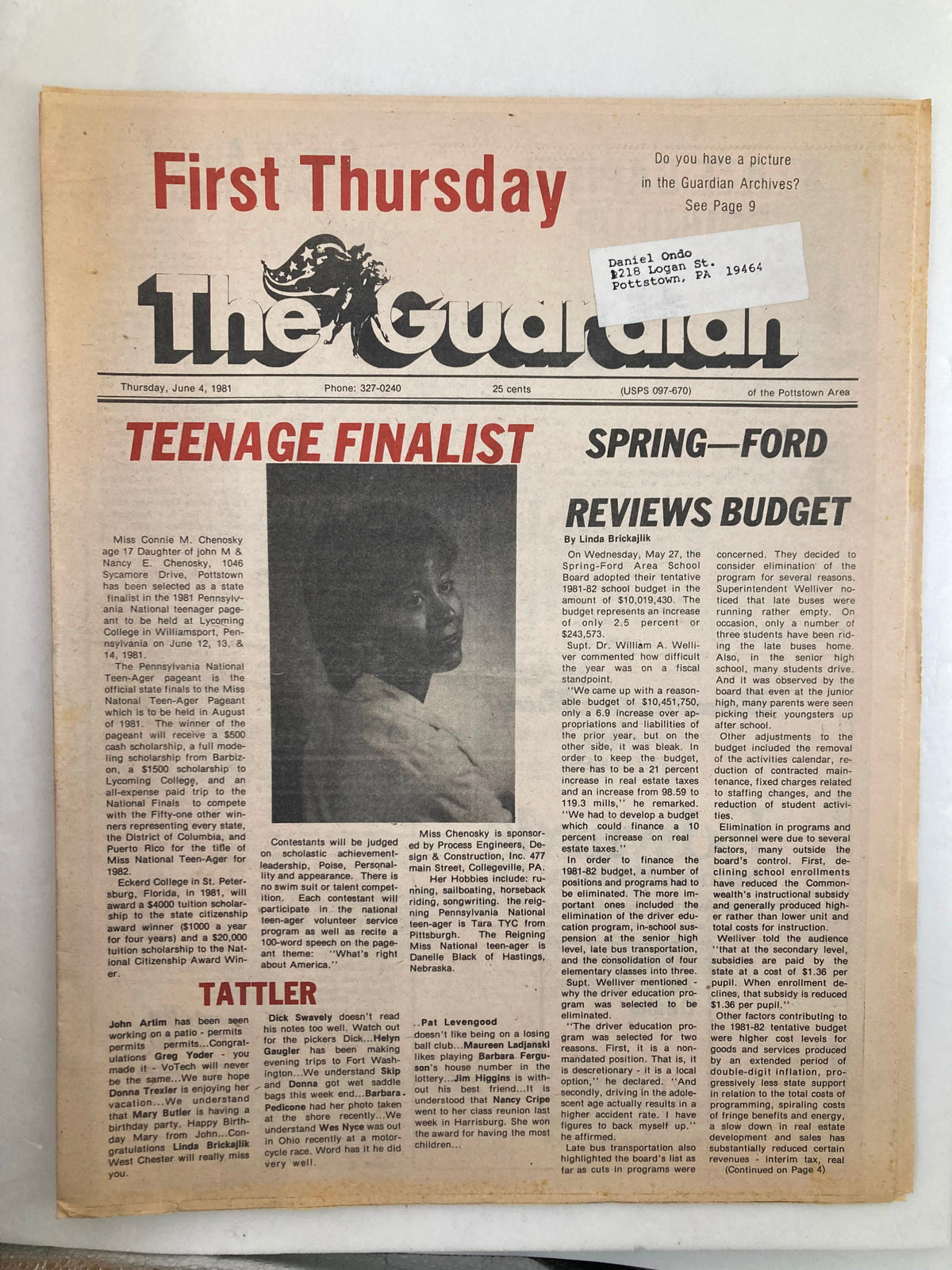 The Guardian Newspaper June 4 1981 featuring teenage finalist Connie M. Chenosky, highlighting an important moment in historical media.