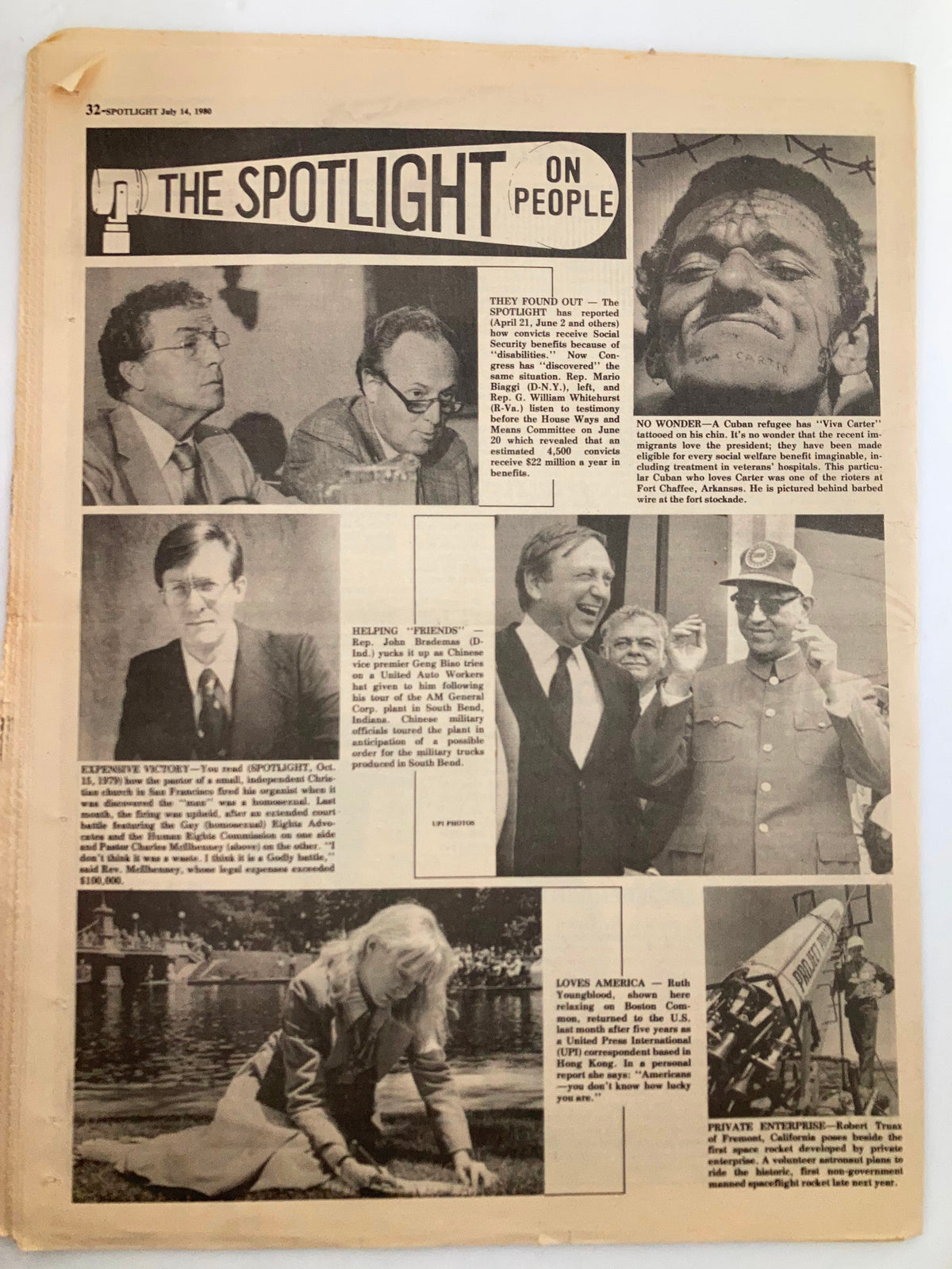 Inside page of The Spotlight Newspaper from July 14, 1980, showcasing various articles and photographs under the section titled 'The Spotlight on People'.