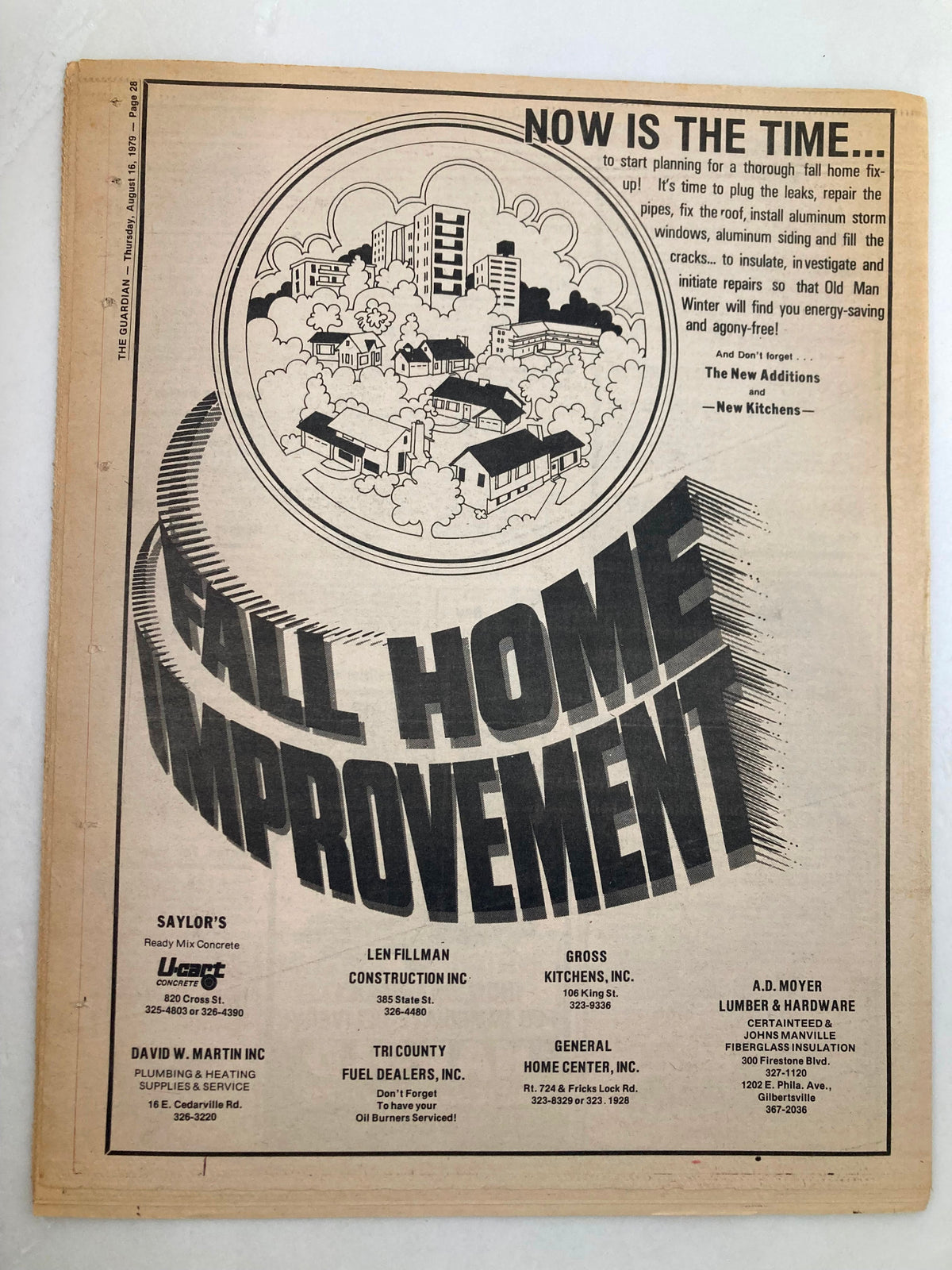 Back cover of The Guardian Newspaper August 16, 1979, highlighting advertisements for home improvement services with the title 'FALL HOME IMPROVEMENT' prominently displayed.