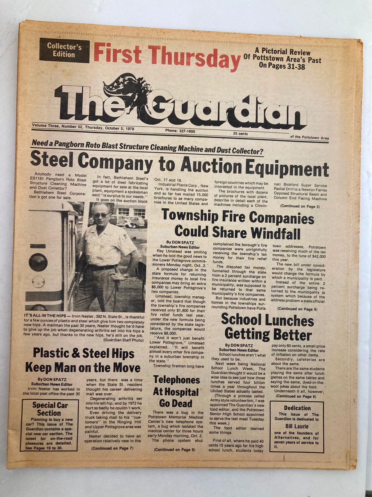 The Guardian Newspaper October 5 1978, showcasing the Steel Company auction announcement on the front page, features articles about local events and advertisements.