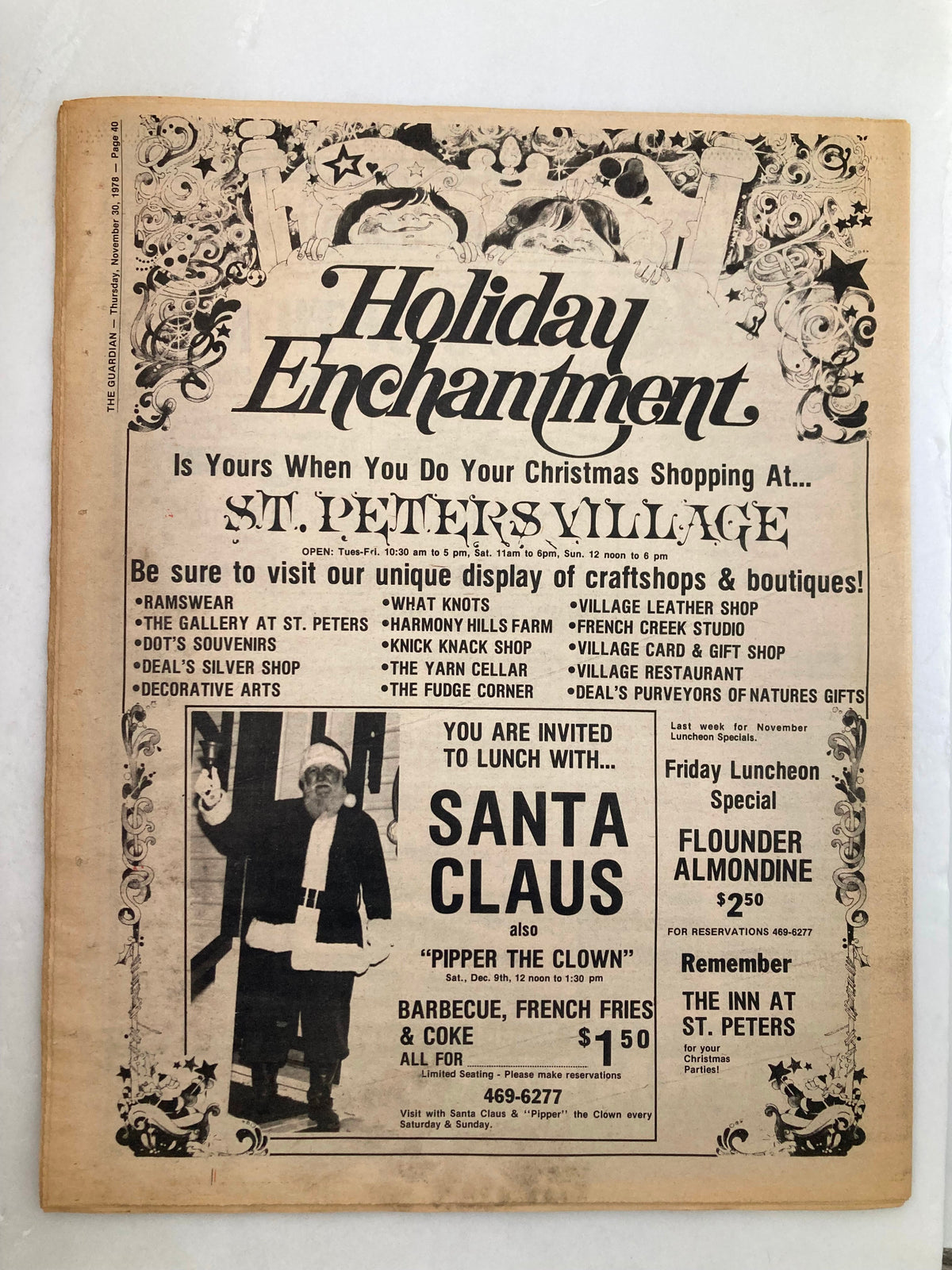 Holiday Enchantment advertisement from St. Peters Village featuring Christmas shopping events, craft displays, and a festive luncheon with Santa Claus, dated December 1978.