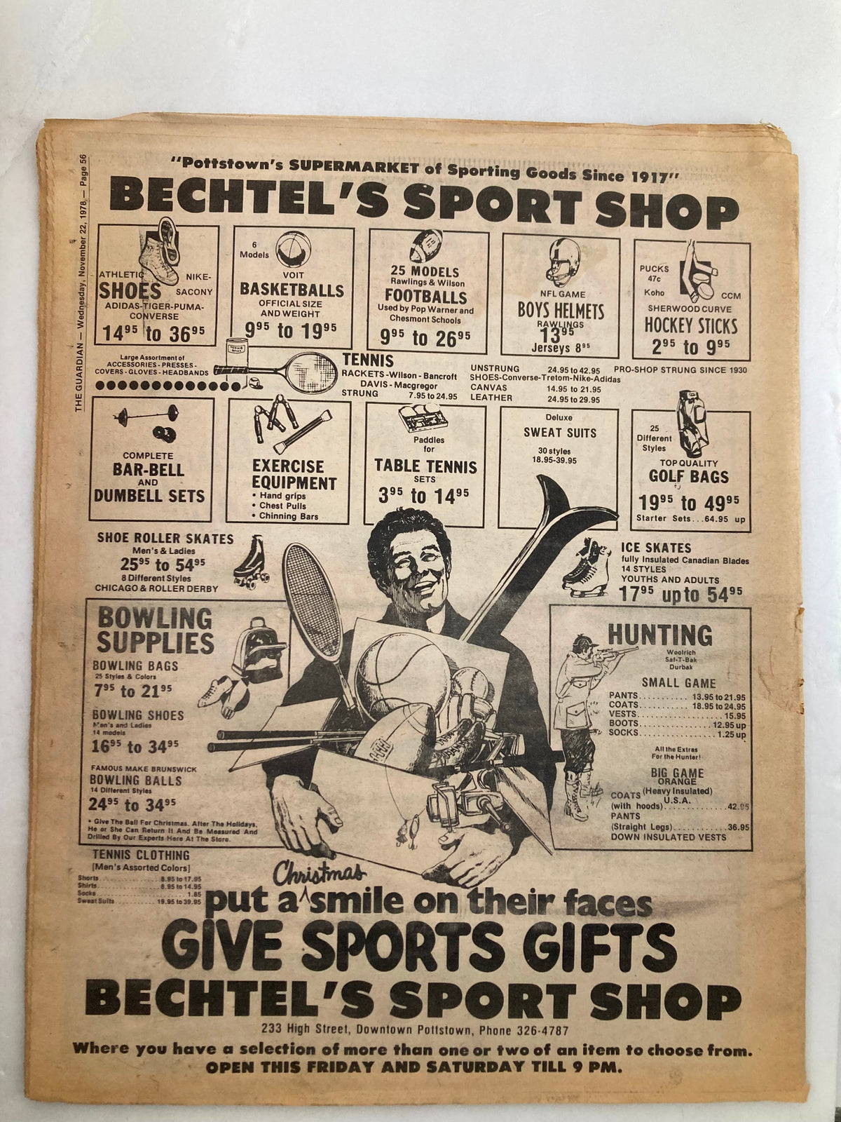 Bechtel's Sport Shop advertisement from The Guardian Newspaper, November 22, 1978. The ad promotes sporting goods including tennis equipment and shoes, reflecting local business offerings during the holiday season.