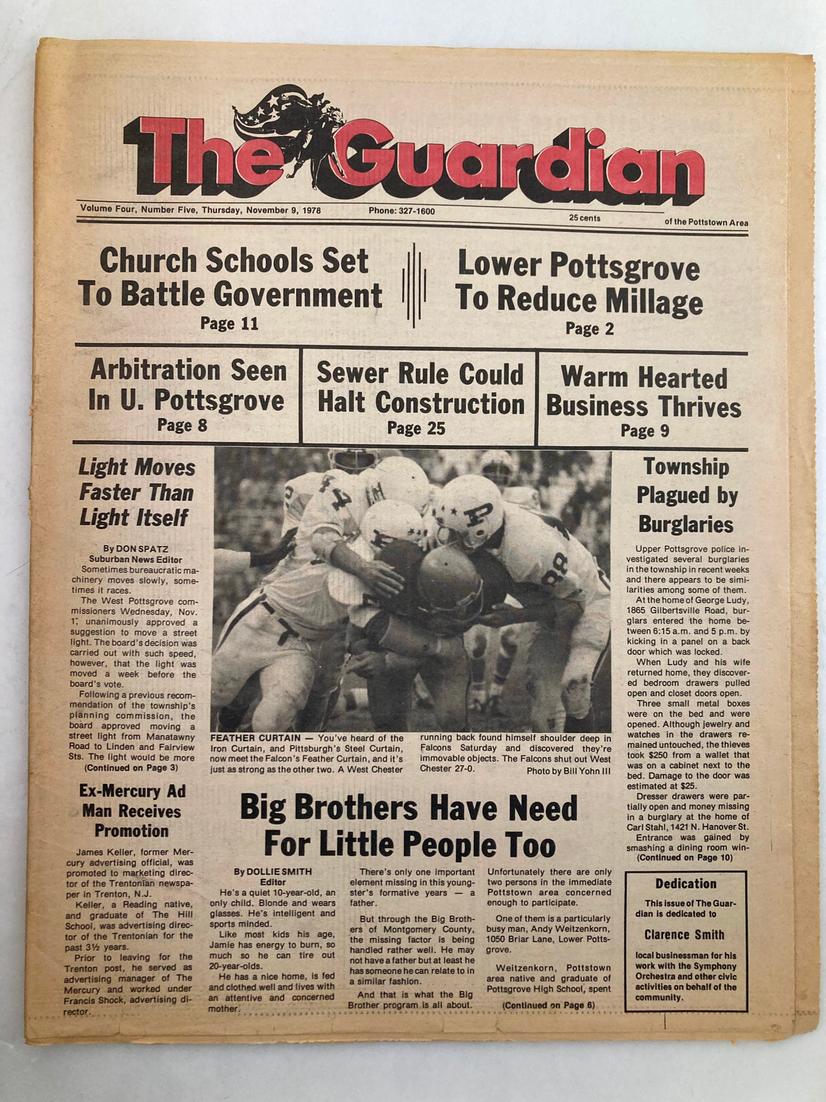 The Guardian Newspaper dated November 9, 1978, Vol 4 #5, featuring the headline 'Township Plagued by Burglaries' with articles on crime and community issues.