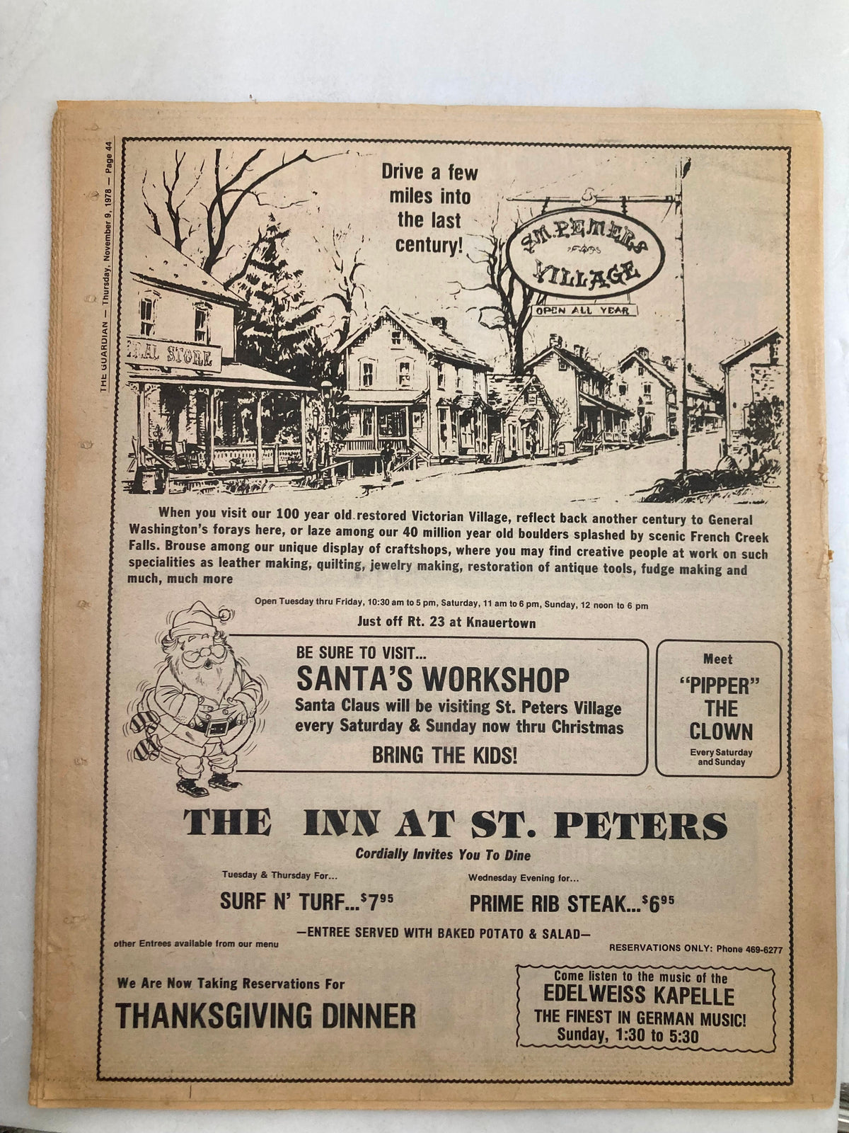 The Guardian Newspaper dated November 9, 1978, Vol 4 #5, showcasing an advertisement for local businesses and events, including 'Drive a few miles into the last century!'