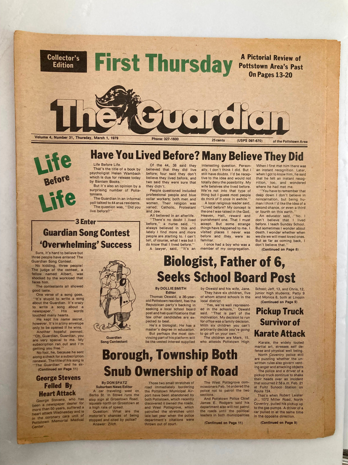 The Guardian Newspaper, March 1, 1979, Vol 4 #31, featuring the headline 'George Stevens Felled Heart Attack', includes stories and advertisements from that era. Good condition with minor wear, protective covering included.
