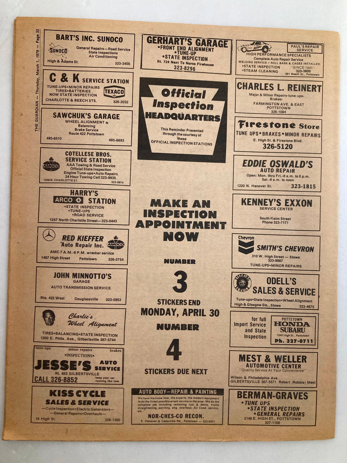Reverse side of The Guardian Newspaper, March 1, 1979, Vol 4 #31, showcasing local advertisements and services, maintaining historical relevance and integrity, good condition with signs of wear.