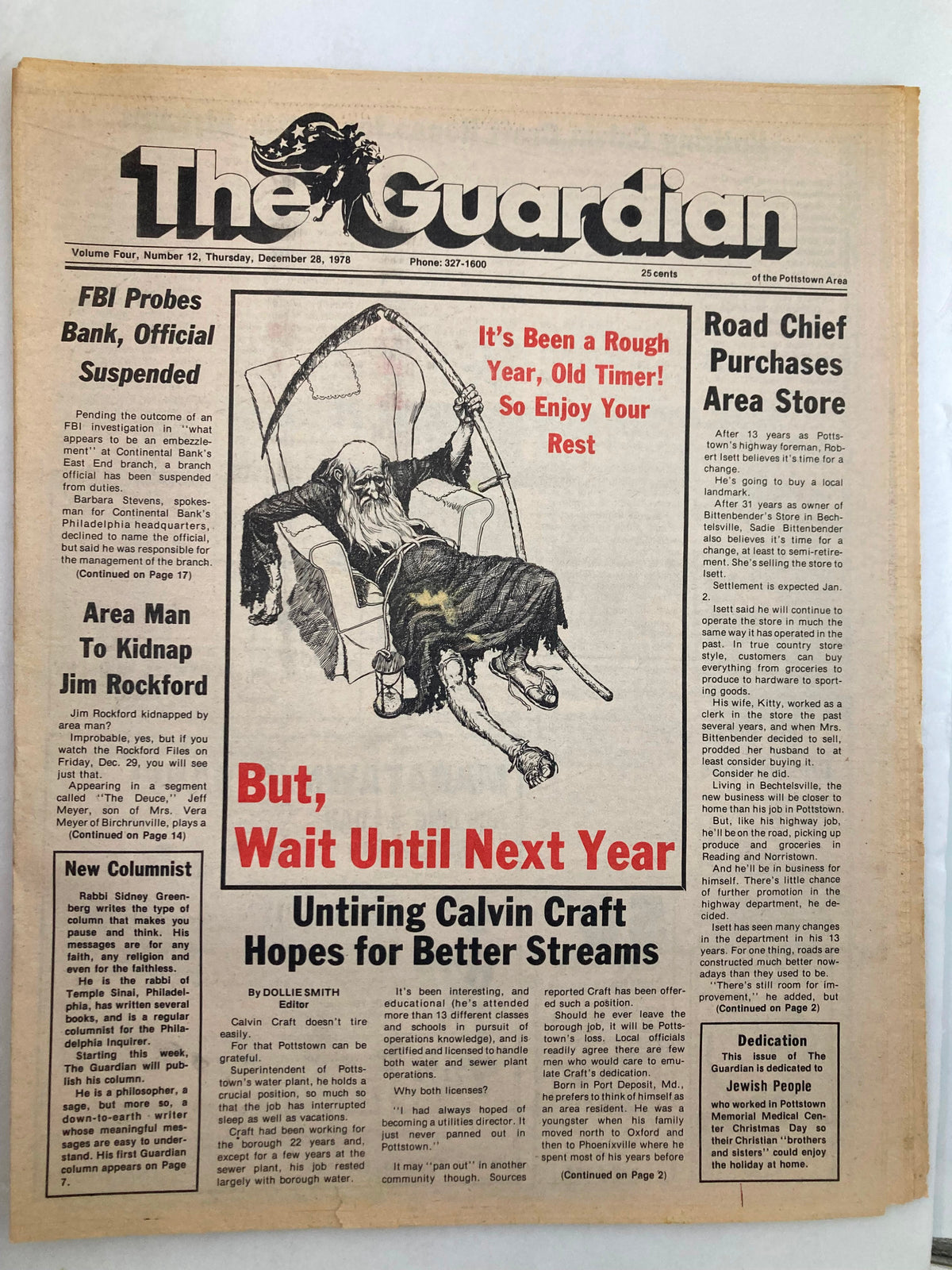 Front page of The Guardian newspaper dated December 28, 1978. Featured headlines include 'FBI Probes Bank, Official Suspended' and 'But, Wait Until Next Year'. The image depicts a vintage newspaper with a rough year-old timer illustration.