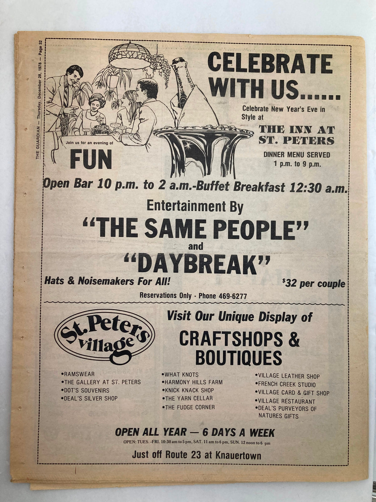 Advertisement from The Guardian newspaper dated December 28, 1978, promoting New Year's Eve celebrations at St. Peter's Inn, including a buffet breakfast and entertainment by 'The Same People' and 'Daybreak' for $32 per couple.