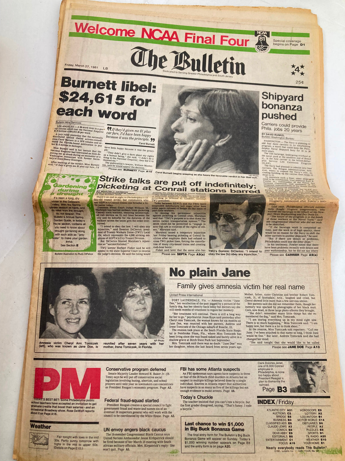 The Bulletin newspaper from March 27, 1981, featuring the headline 'Burnett libel: $24,615 for each word' and a photo of Carol Burnett on the front page. The newspaper is in good condition with minor wear, protected by plastic cover.