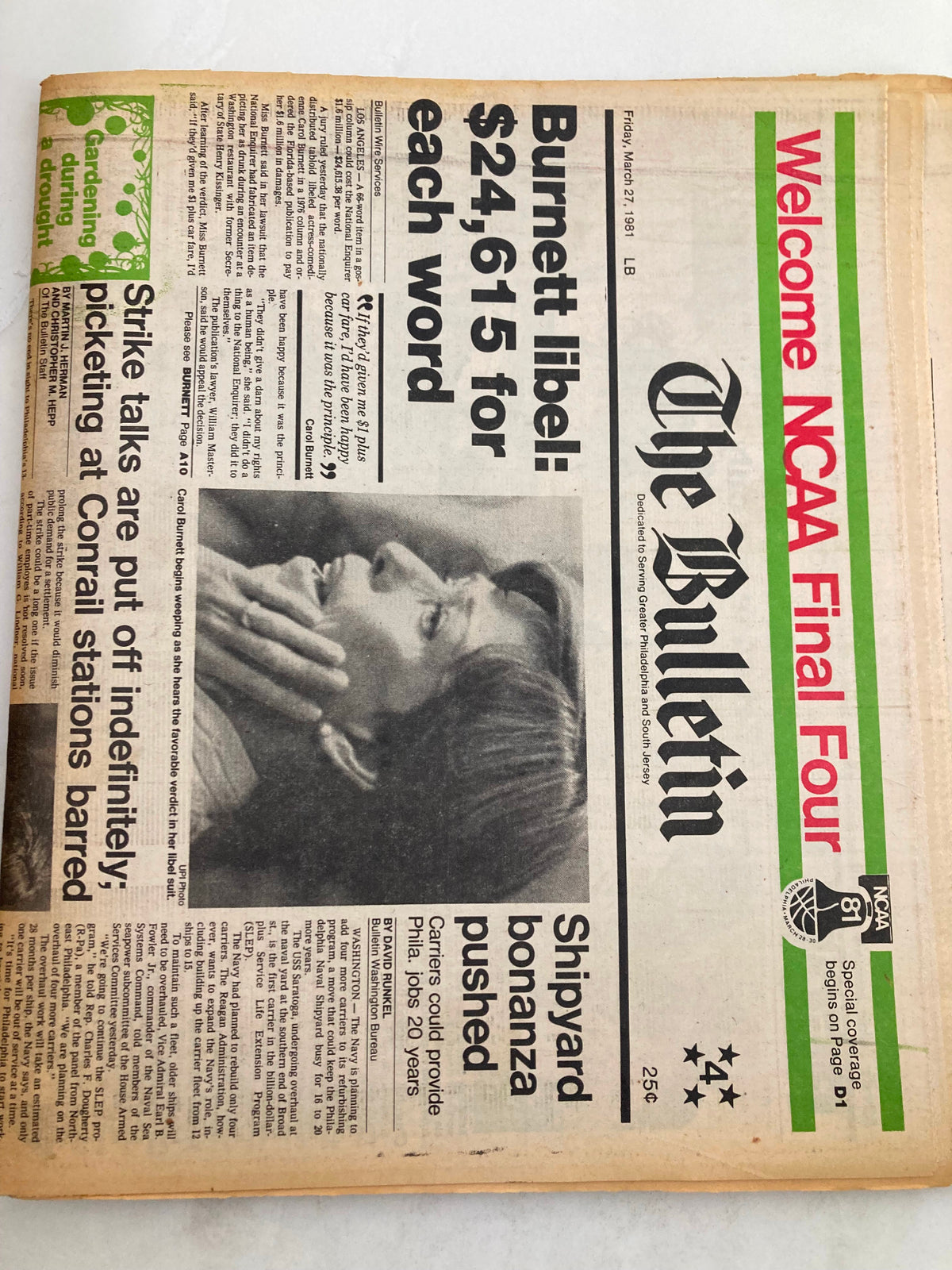 A close-up image of The Bulletin newspaper dated March 27, 1981, highlighting the headline 'Burnett libel: $24,615 for each word' alongside a photo of Carol Burnett. The newspaper is folded and displays signs of age.