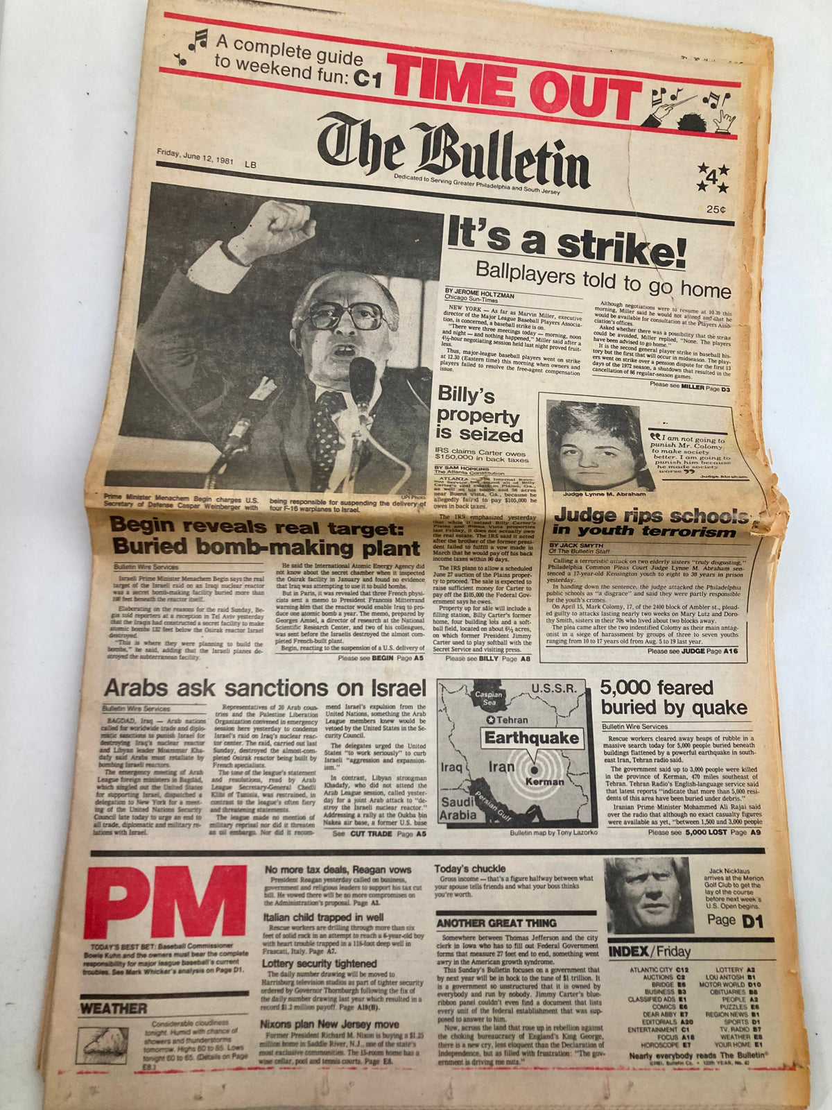 The Bulletin Newspaper from June 12, 1981 features Prime Minister Menachem Begin speaking at a podium, highlighting a political event titled 'It's a strike!'. The newspaper shows signs of wear with visible folds and aging.