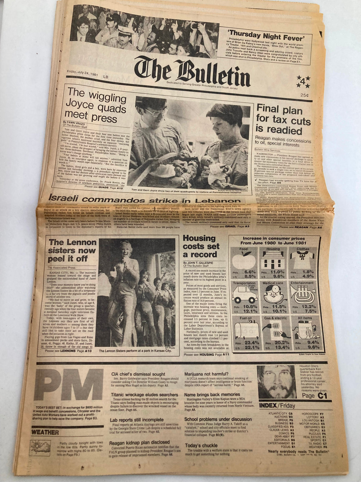 The Bulletin Newspaper dated July 24, 1981, featuring the headline 'The Wiggling Joyce Quads Meet Press'. The front page includes photography of the quads during their press meeting, surrounded by news articles and images.