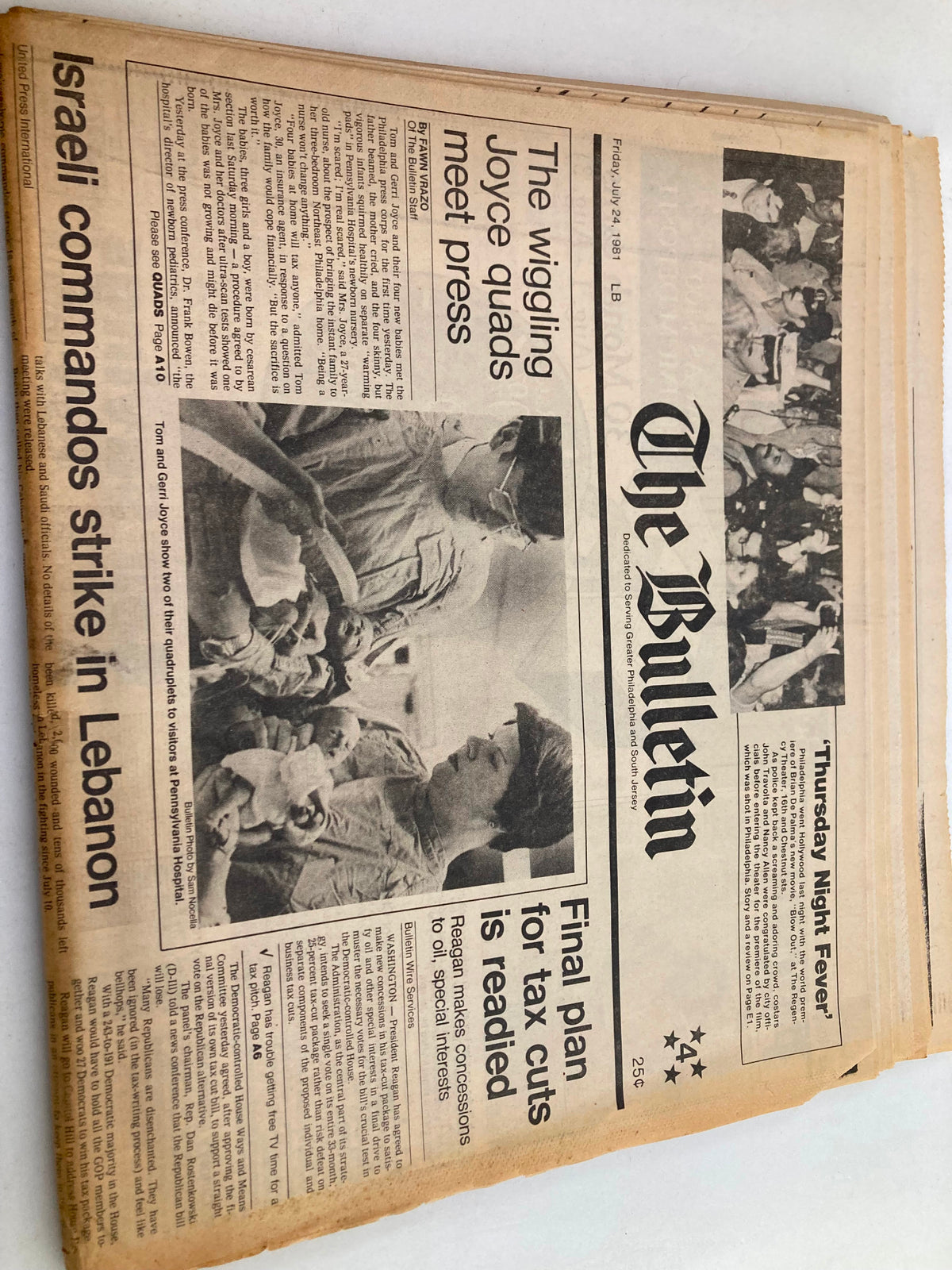 Close-up of The Bulletin Newspaper, July 24, 1981, displaying the headline 'The Wiggling Joyce Quads Meet Press'. The image shows a visual of the quads interacting with the press, alongside other news highlights.