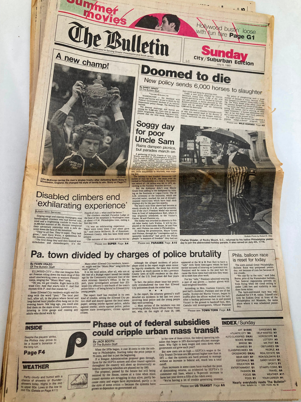 The Bulletin Newspaper July 5 1981 John McEnroe Carries Men's Single Trophy. The front page showcases a celebratory John McEnroe holding the men's singles trophy, with headlines regarding a new champion and policy changes affecting horse slaughter.