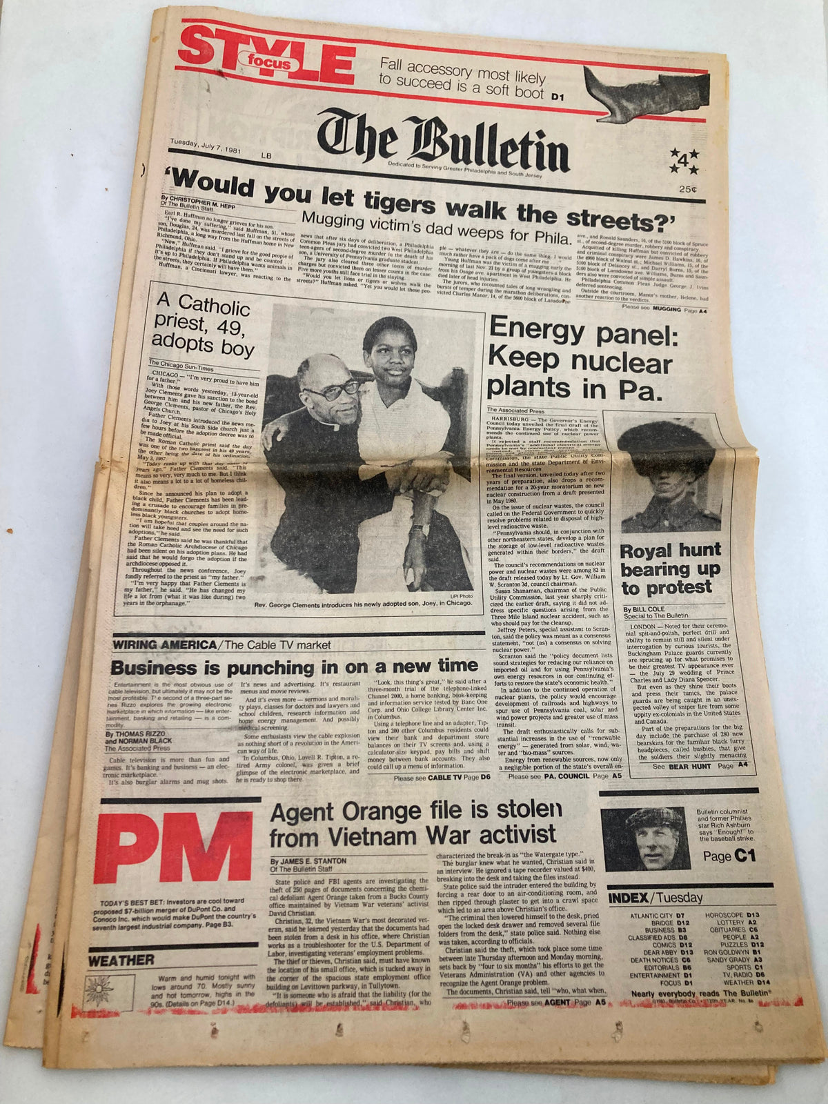 The Bulletin Newspaper July 7 1981 cover featuring the headline 'Would you let tigers walk the streets?' with images and articles discussing various topics including a mugging victim's father, energy panel discussions, and other news stories from that date.