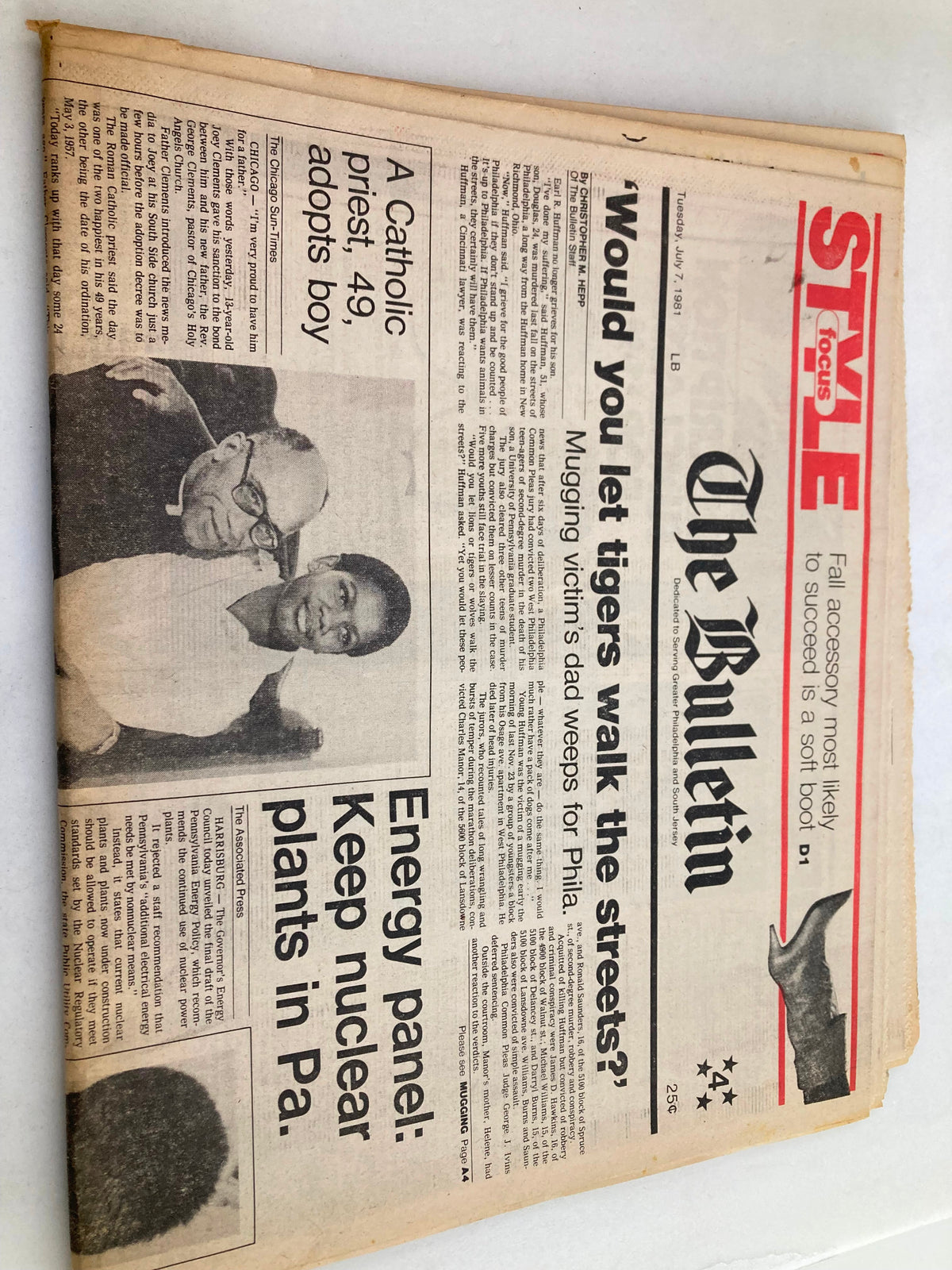 The Bulletin Newspaper July 7 1981 cover showing the headline 'Would you let tigers walk the streets?' along with news about a Catholic priest adopting a boy and concerns over nuclear energy in Pennsylvania.
