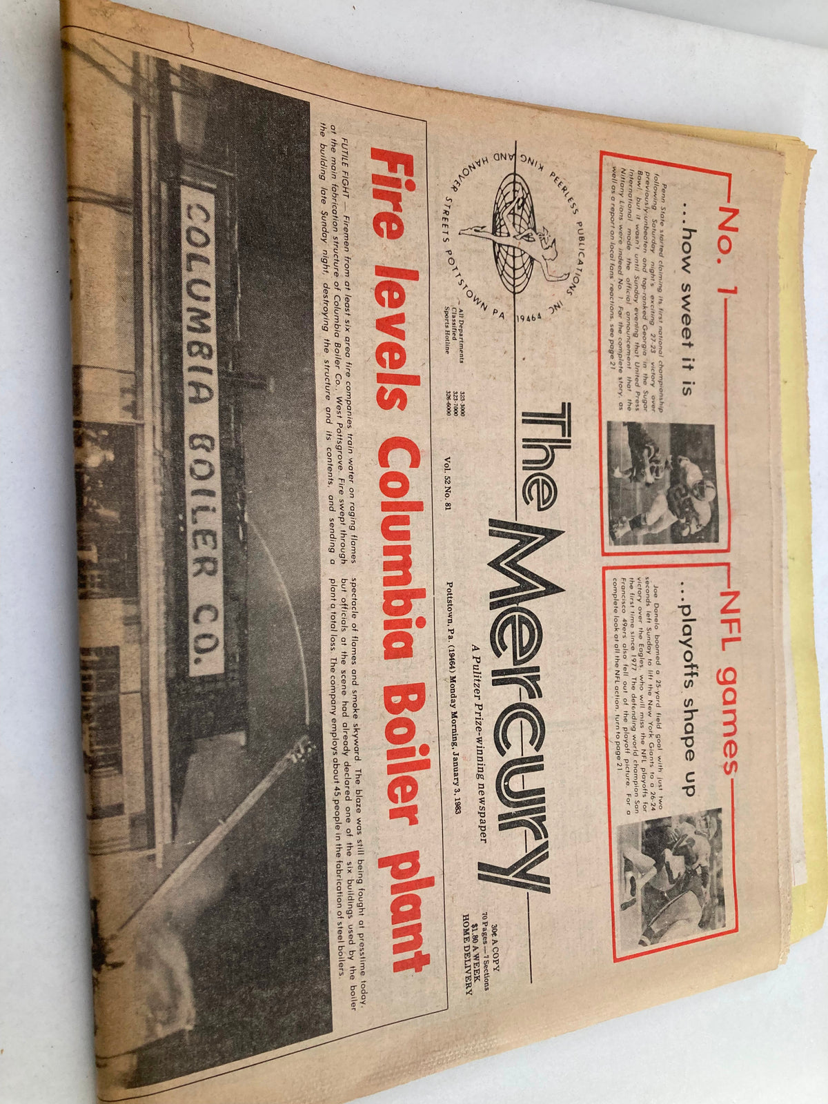 Front page of The Mercury Newspaper January 3 1983, Vol 52, No. 81 highlighting the fire that leveled the Columbia Boiler plant along with other news sections.