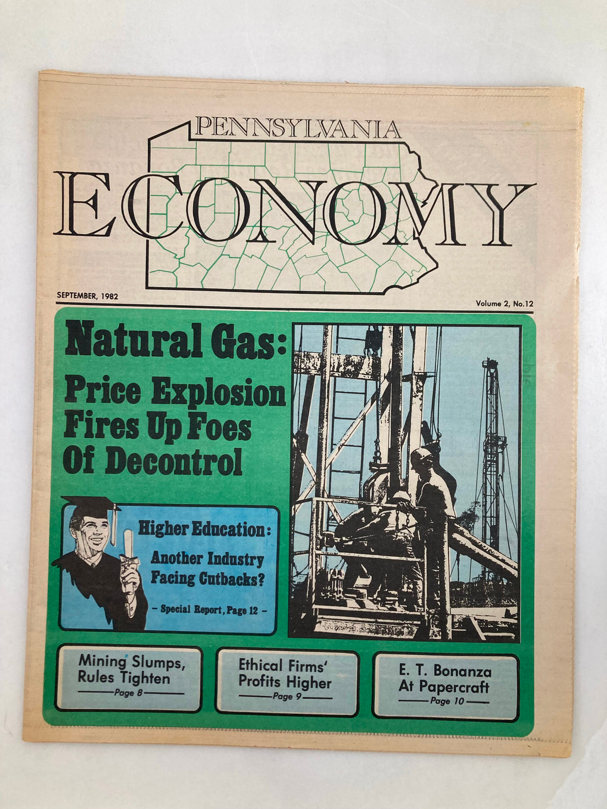 Cover of Pennsylvania Economy Tabloid September 1982, Volume 2, Number 12, featuring articles on natural gas prices and higher education challenges.